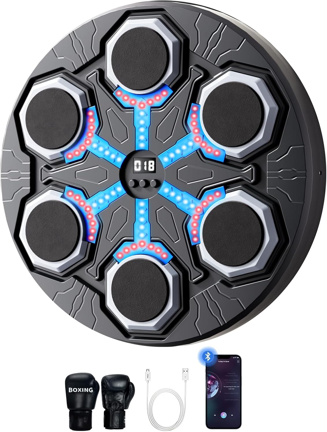 Music Boxing Machine for Kids with Bluetooth & LED Lights - 15-Speed Adjustable Wall-Mounted Punching Pad for Adults Silent Training, No-Drill Installation, Type-C Charging?Blue