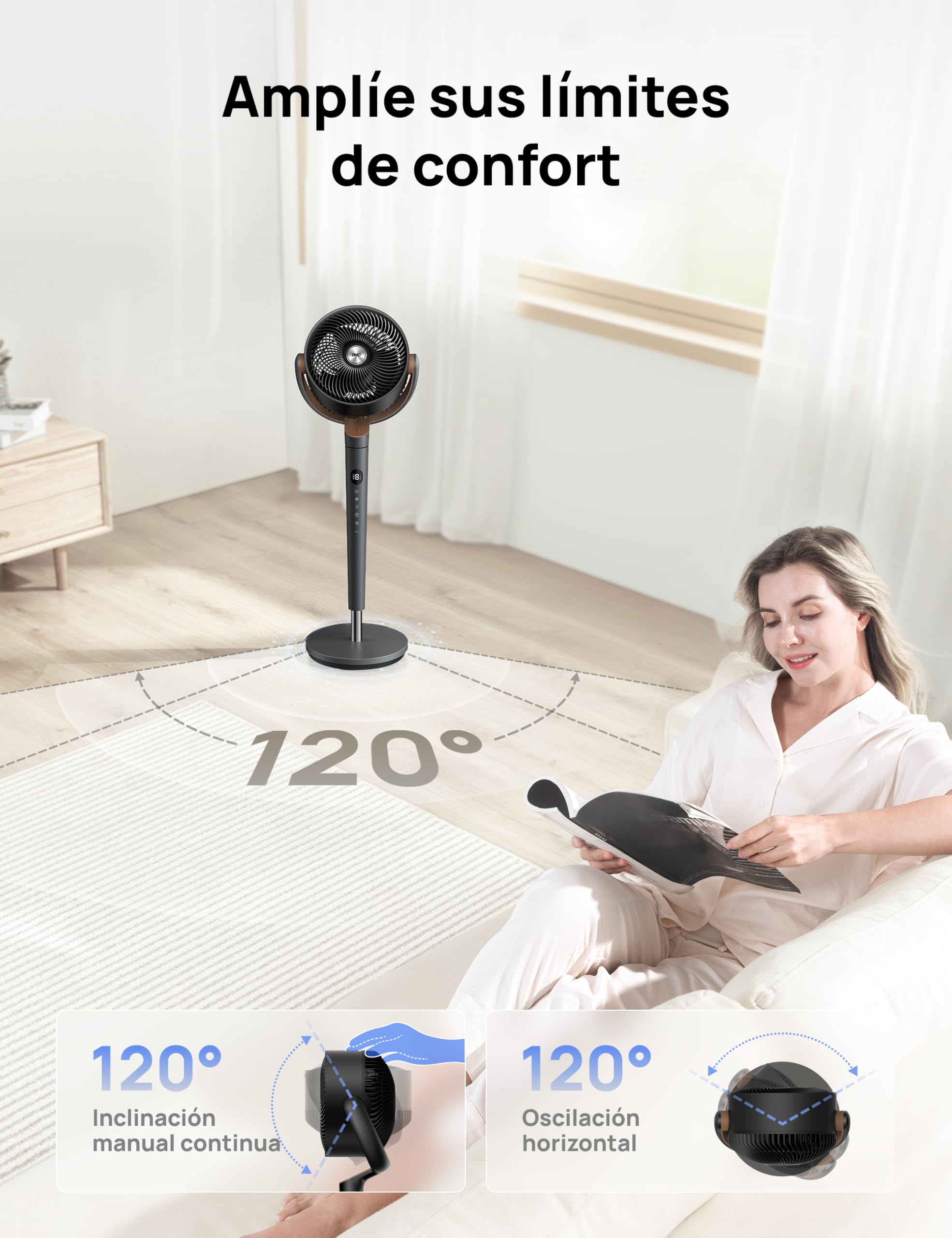 Dreo ventilador de pie muy silencioso con control remoto, ventilador grande 20 dB con motor CC, oscilación 120°, 3 modos, altura ajustable 94–107 cm, ventilador de suelo TurboPoly™ 512