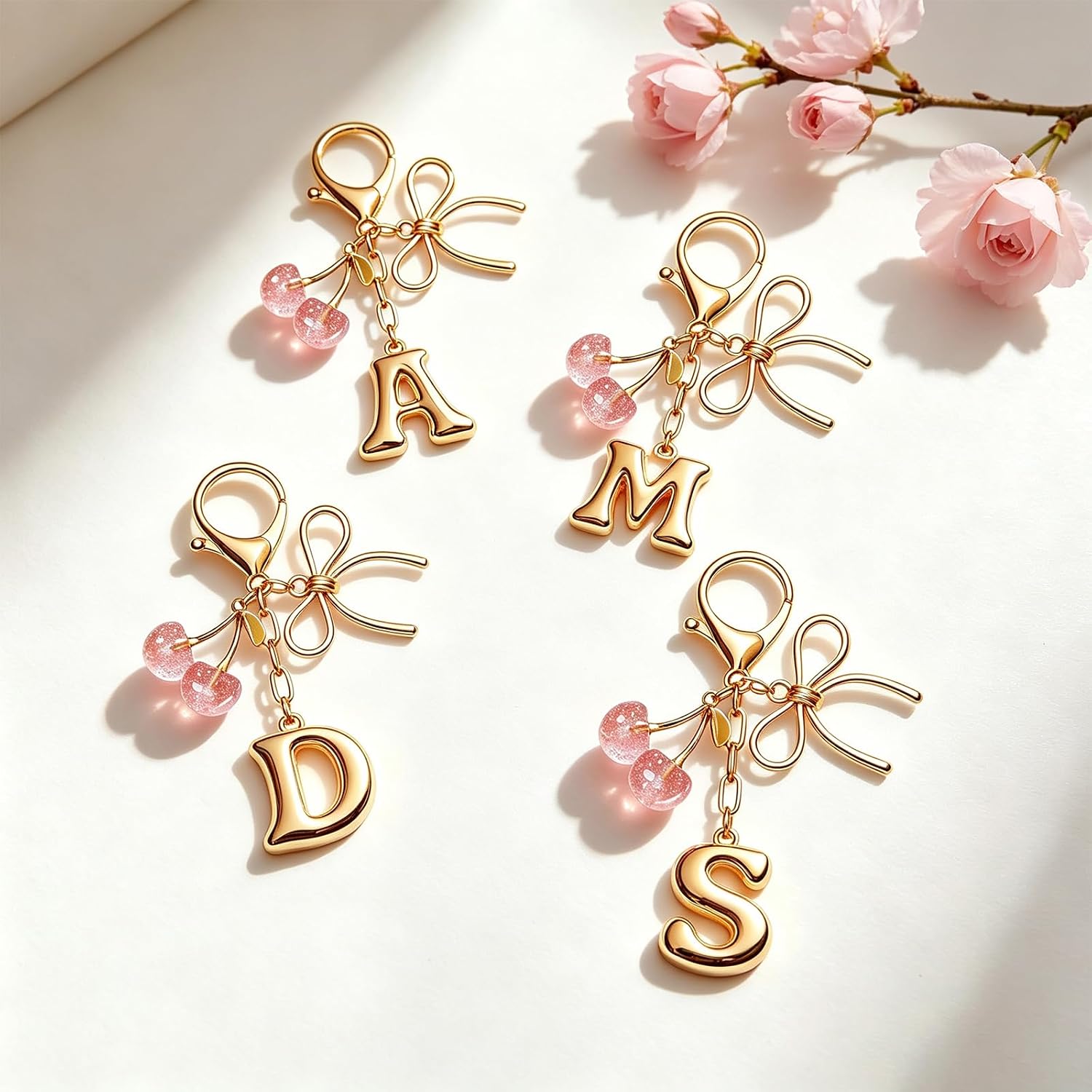 Gold Bubble Initial Keychain with Bow Cherry for Women image 4