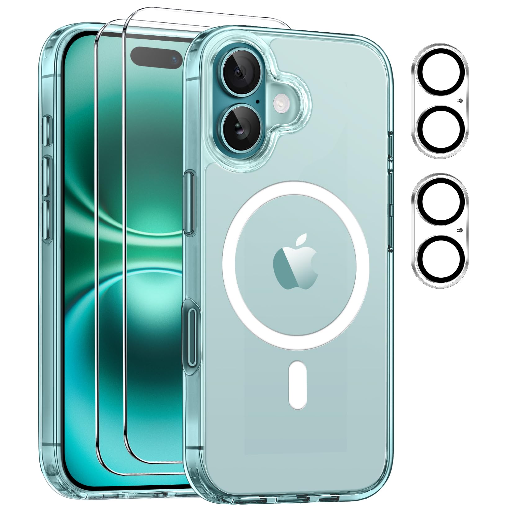 Magnetic Cover per iPhone 16 Compatibile con 2 vetri temperati e 2 vetri per fotocamera, Trasparente TPU Bumper Shockproof Compatible Magnetic Cover per iPhone 16 - Trasparente