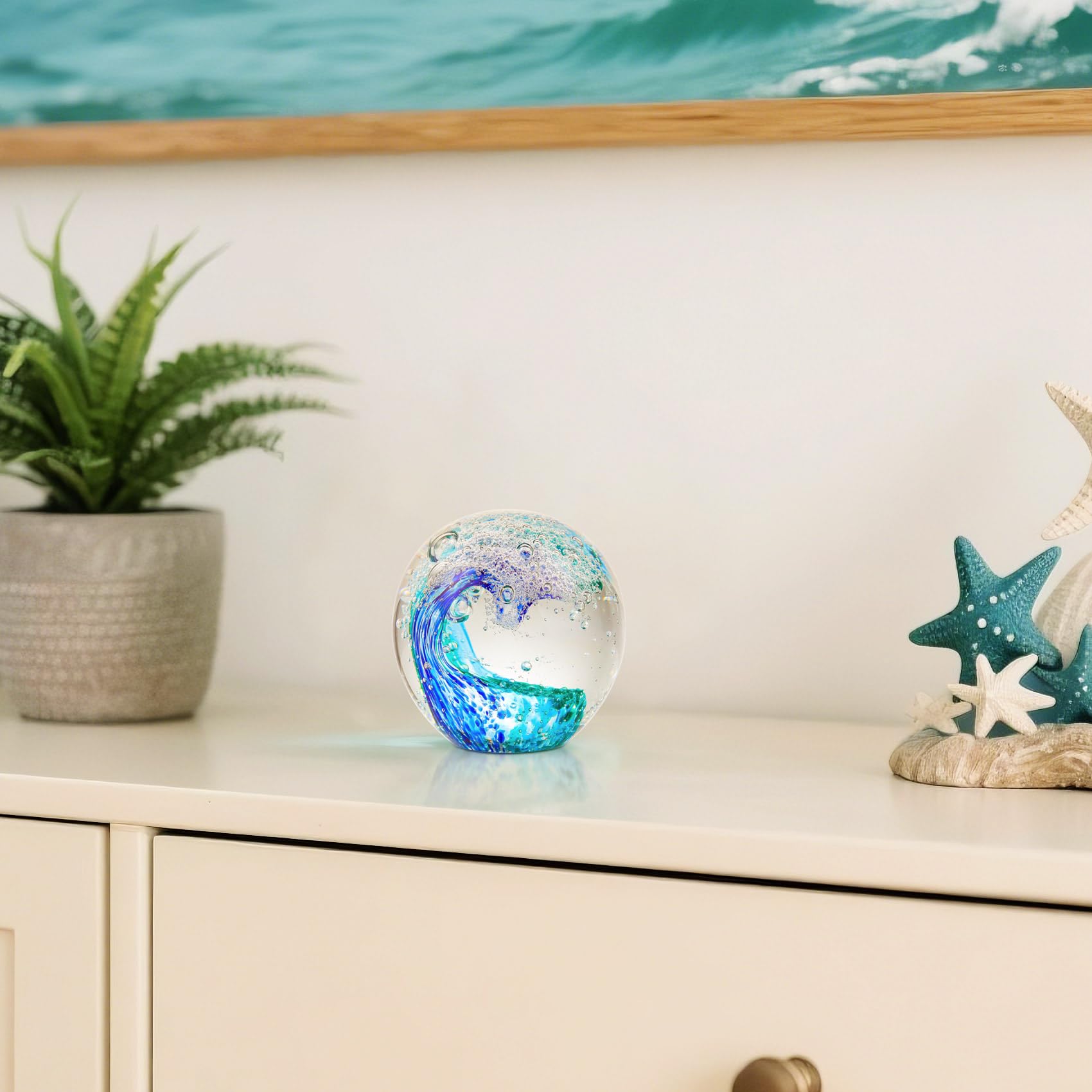 YWHL Hand Blown Ocean Decor Glass Waves Figurines Ball, Ocean Themed Gifts for Women Men, Sea Glass Decoration Collectible Figurines Paperweight for Home Office Decor
