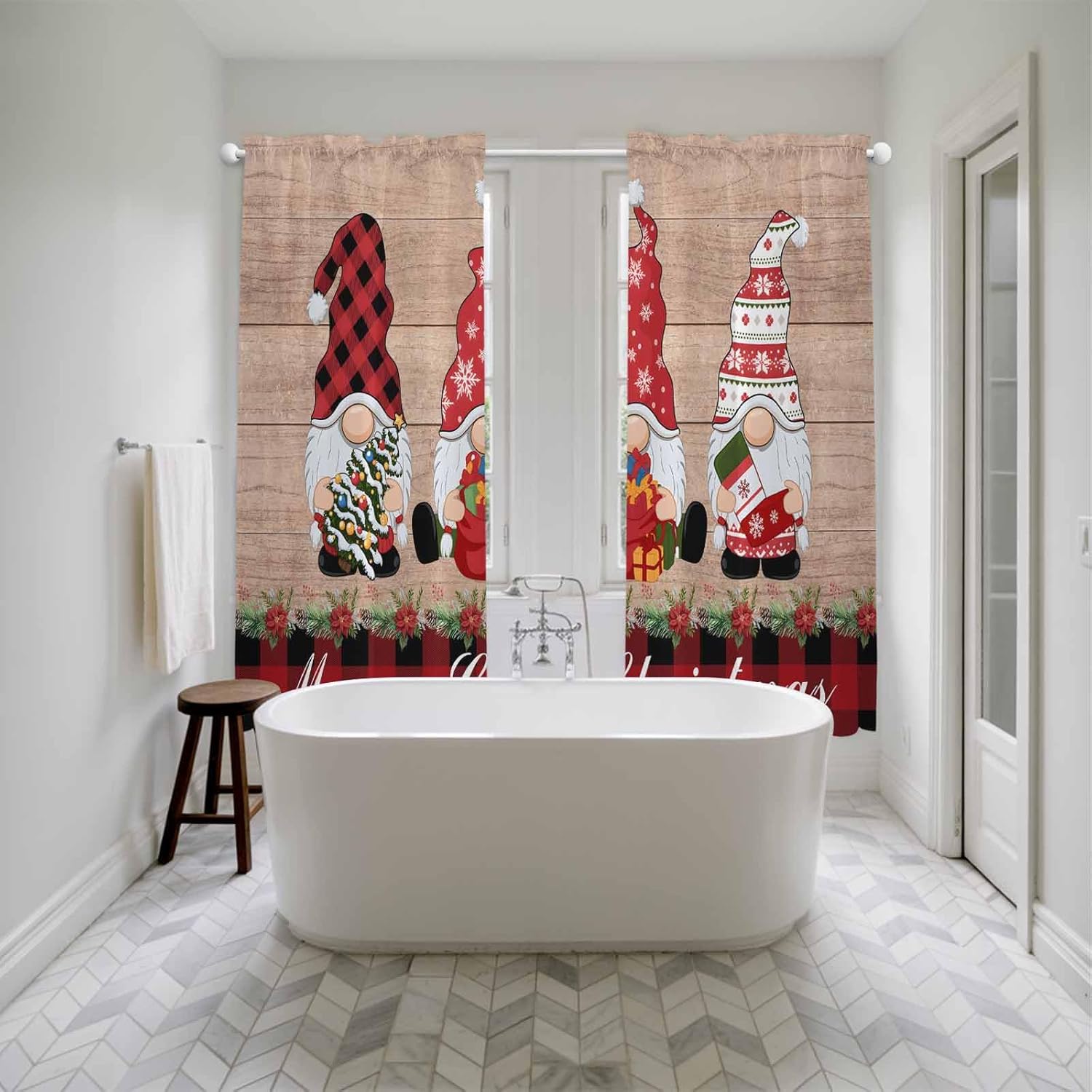 Christmas Gnomes Window Curtains 72 Inch Long 2 Panel Set, Rod Pocket Long Curtains & Drapes, Xmas Tree Gift Wooden Red Black Plaid Light Filtering Window Treatment for Bedroom Living Room 52"W x 72"L