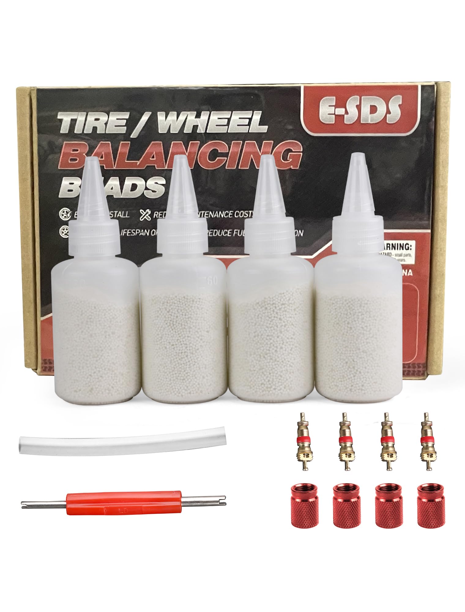 E-SDS Tire Balance Beads 4 oz x 4, Tire Beads for Balance, Tire/Wheel Balancing Beads for Car/RV/Truck/Motorcycle with Installation Tools
