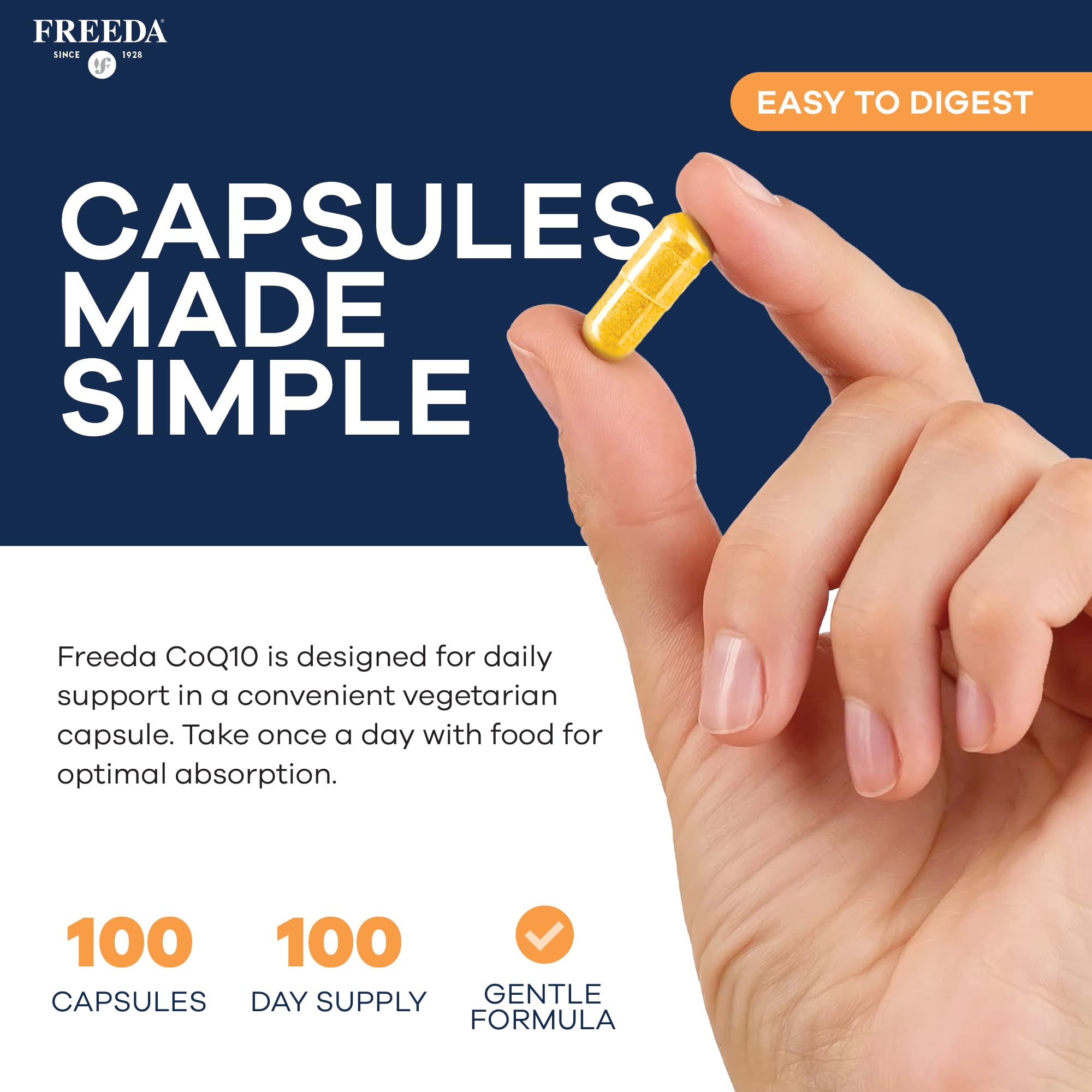 FREEDA CoQ10 100mg - Kosher Coenzyme Q10 Dietary Supplement for Cardiovascular Heart Health, Blood Pressure Support, Oral Gum Health, and Healthy Aging - Pure CoQ10 Capsules, 100 Count — Amazon image 3