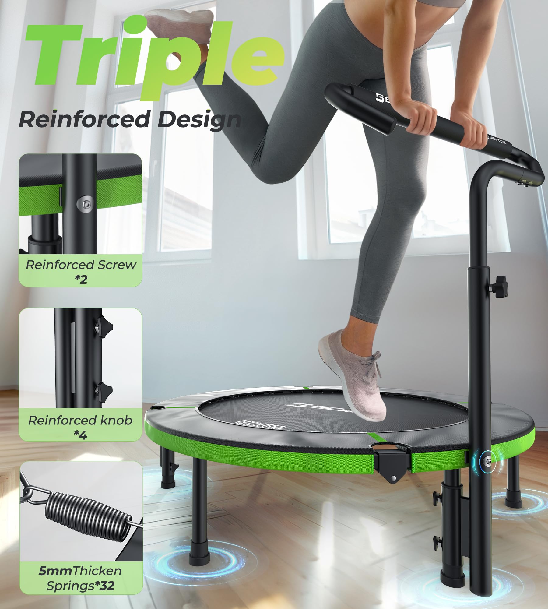 Trampolina wewnętrzna BCAN, mini trampolina fitness o długości 102 cm, składana, dla dorosłych z regulowanym uchwytem, maksymalne obciążenie 150 kg, idealna do ćwiczeń w domu i treningów