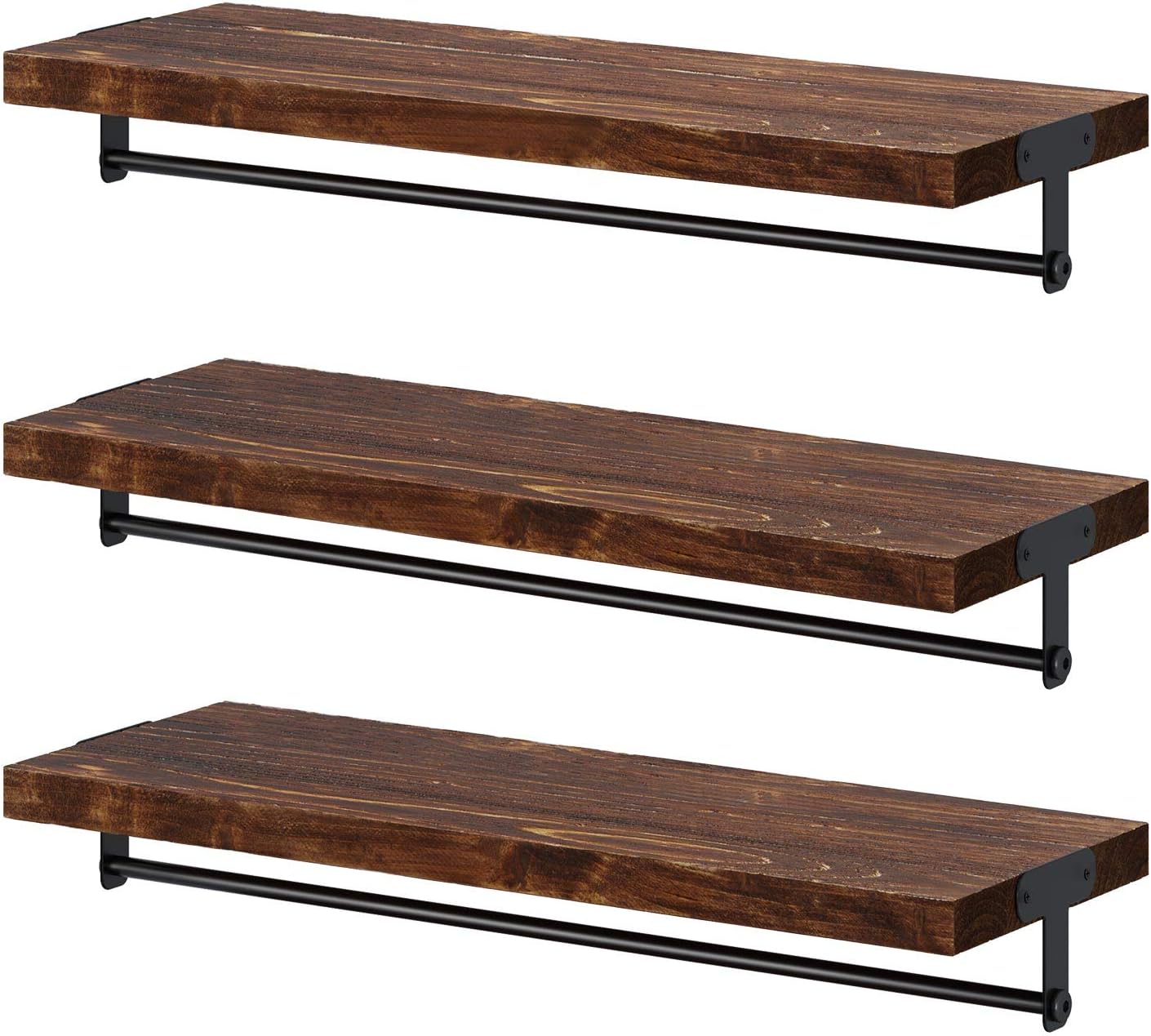 GREENSTELL Floating Shelves Wall Mounted, Solid Wood Wall Shelves with Towel Bar, Set of 3 Rustic Floating Decoration Wall Display Shelf for Home Decor Bedroom, Bathroom, Living Room, Kitchen Brown