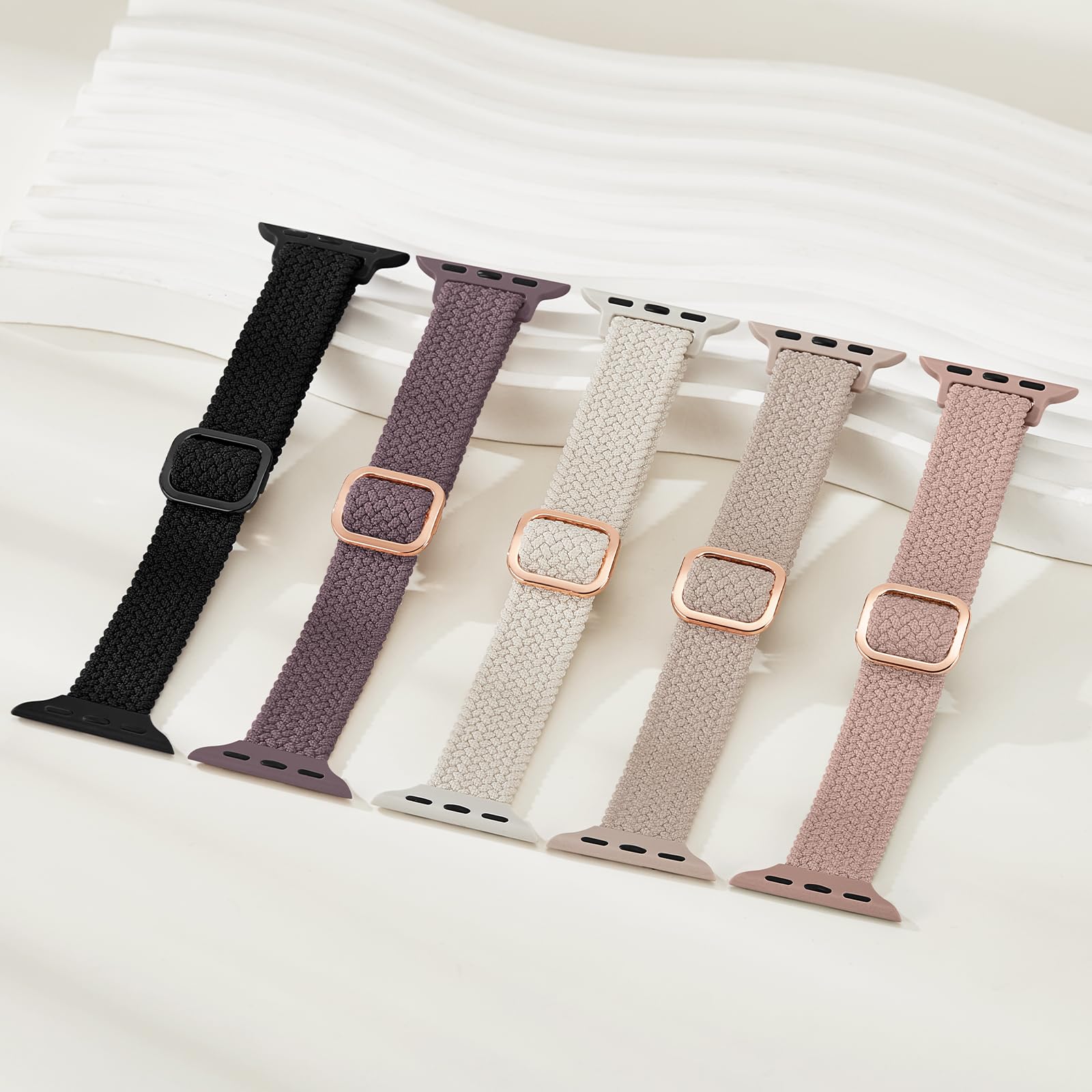 Lot de 5 bracelets fins tressés, extensibles, compatibles avec Apple Watch - 40 mm, 41 mm, 42 mm, 38 mm, 44 mm, 45 mm, 46 mm, 49 mm - Bracelets élastiques fins en nylon pour iWatch Series 10 9 8 7 6 5
