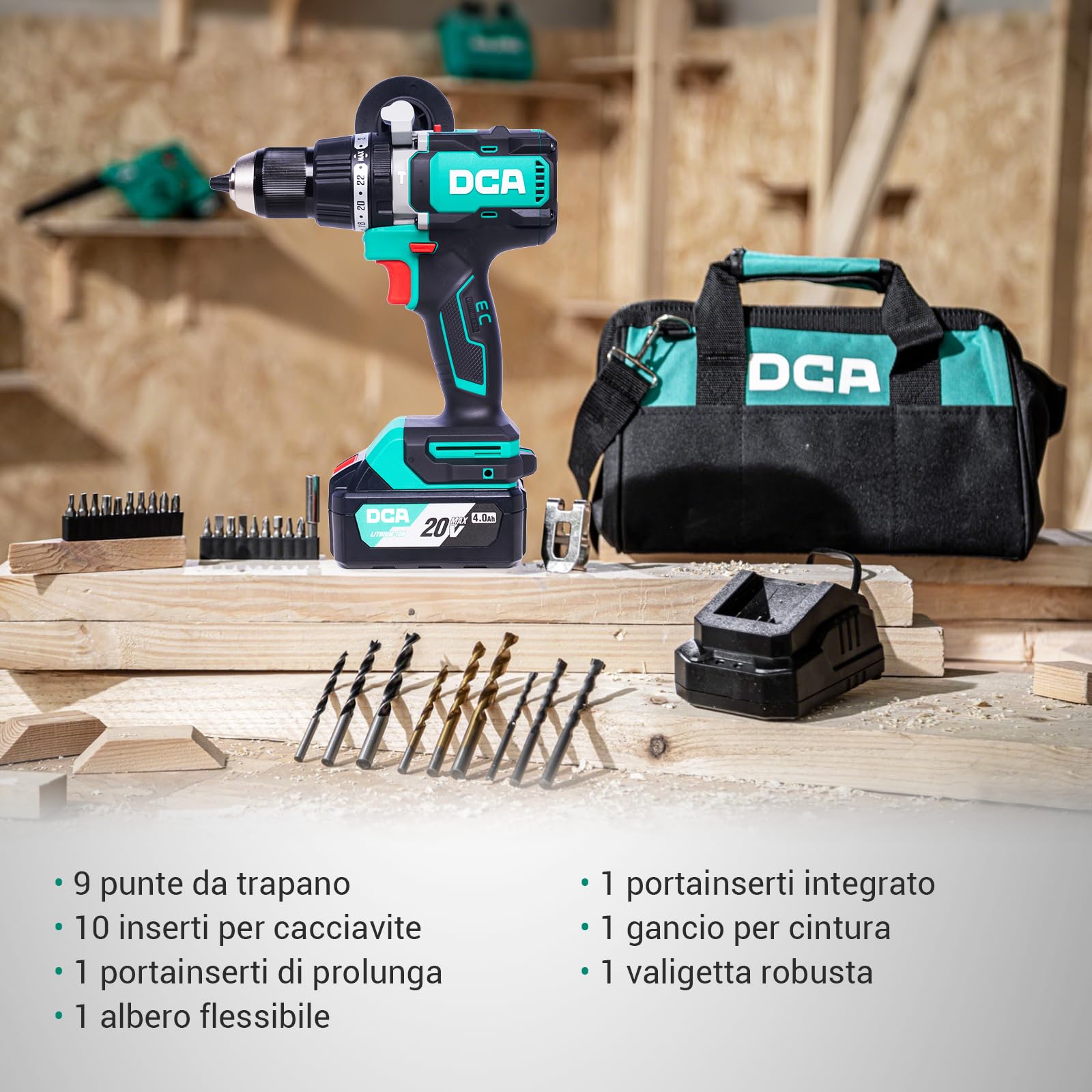 DCA Trapano Avvitatore A Percussione Brushless 20 V, 120 Nm, Mandrino Metallo 13 mm, Frizione 24+1+1, 32000 Colpi/min, Con 2 Batterie 4,0 Ah Per Mattoni, Metallo E Legno