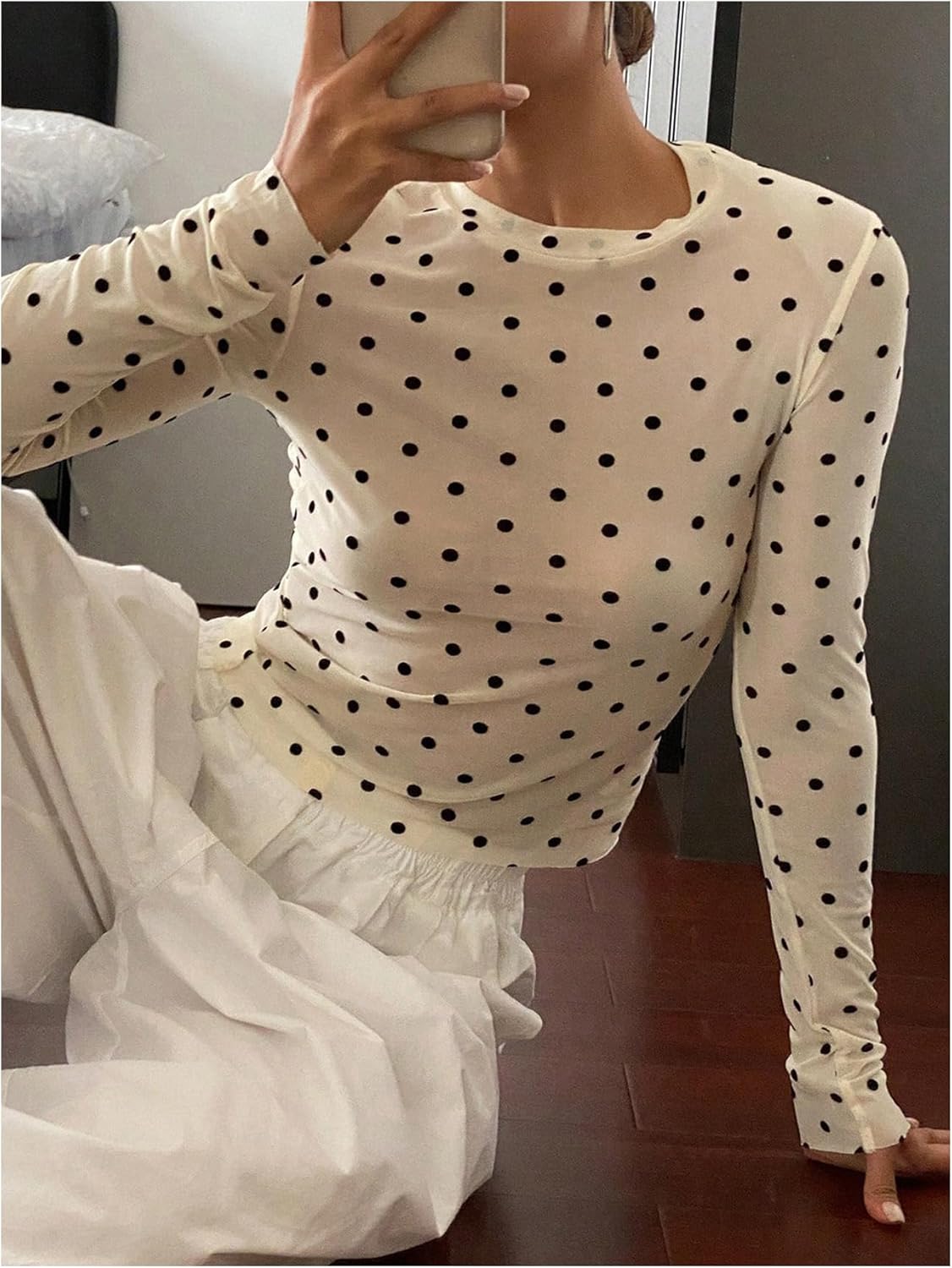 SHENHE Women's Polka Dots Sheer Mesh T Shirt Long Sleeve Round Neck Slim Fitted Streetwear Top - Image 4