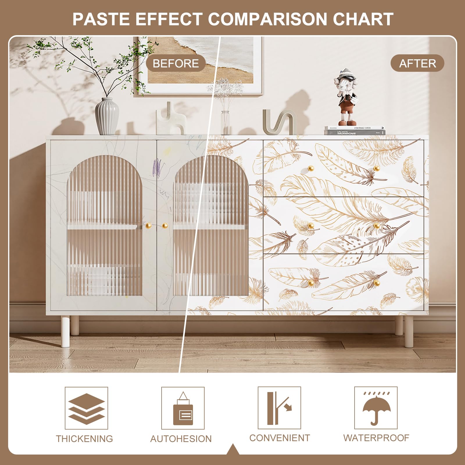 Feather Peel And Stick Wallpaper 17.3"×120" Gold White Contact Paper - View #4