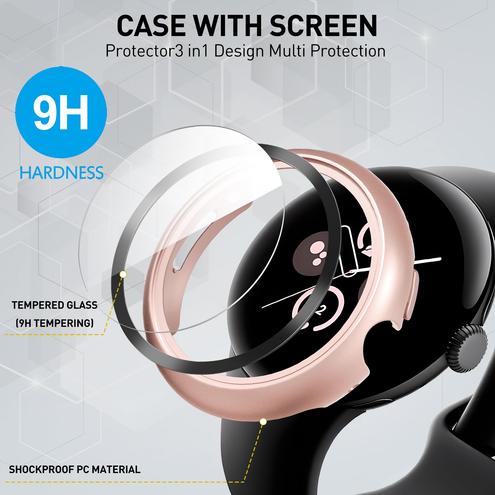 Diruite 3-Pack Screen Protector for Google Pixel Watch 3/2/1 41mm Tempered Glass Case All Around Hard PC Protective Cover,Black&Rose Gold&Transparent - Image 4