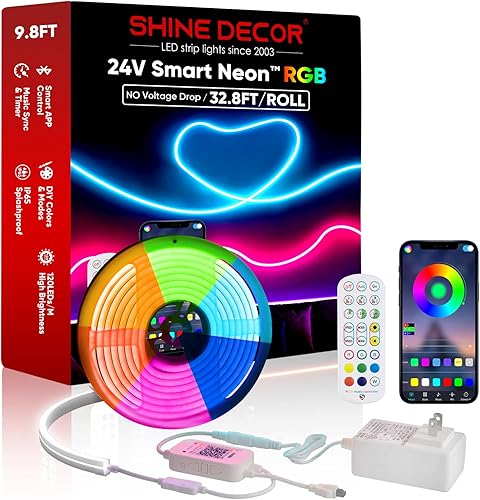 Shine Decor Tira de luces de neón inteligentes de 24 V, luz de neón de silicona RGB, control remoto por aplicación, sincronización de música, color