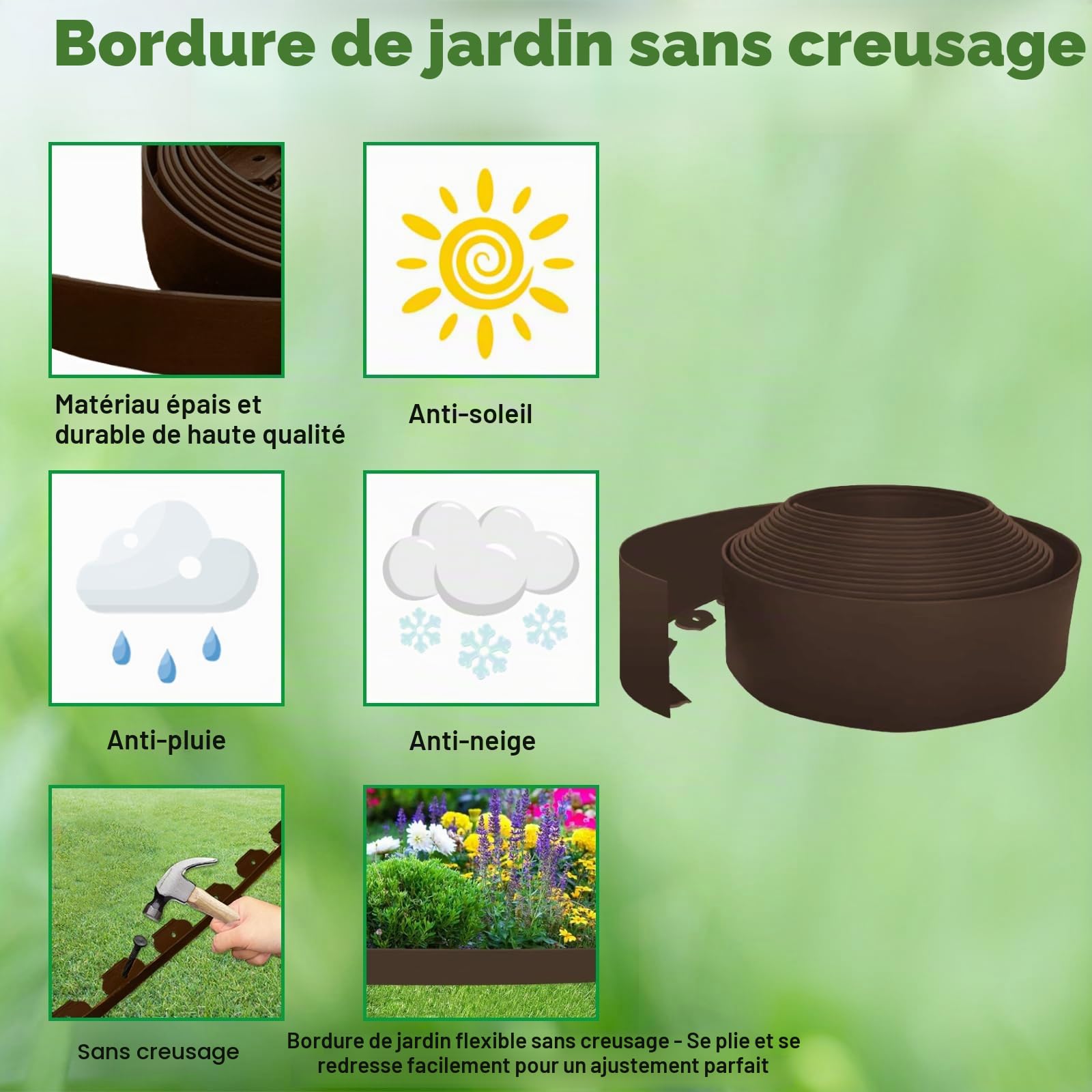 Bordure de Jardin Flexible 10 mètres Hauteur 10cm Bordure Jardin Exterieur avec 30 Piquets d’ancrage (Marron)