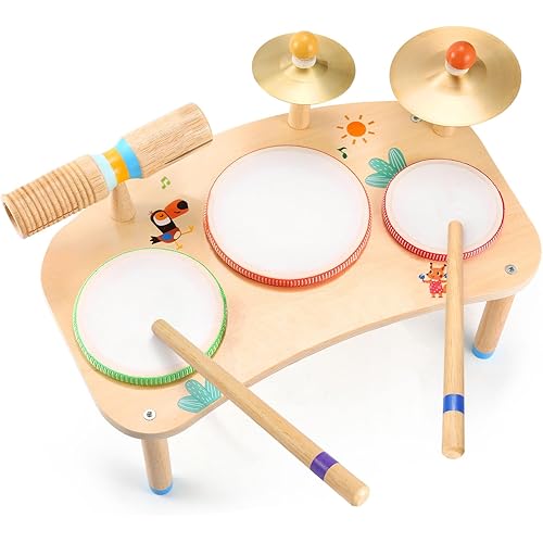WINGYZ 11-in-1 Kids Drum Set – Montessori Baby Musical Toys & Wooden Musical Instruments for Toddlers 1-3, Music Table with Bongo Drums, Cymbals, Maracas & Wrist Bells for Early Rhythm Play
