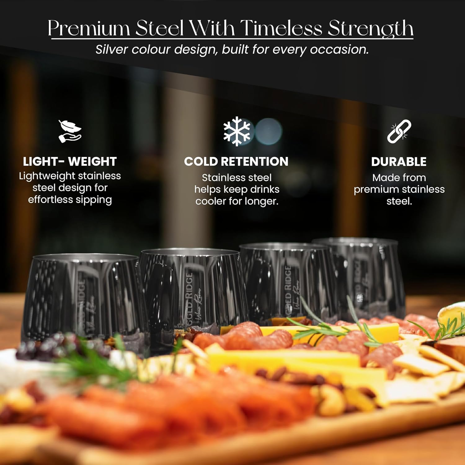 Silver Steel Stemless Wine Glass (Handwash Only) - Stainless Steel Glasses for Parties, Picnics & Special Occasions - Crafted for All Wine Enthusiasts - Set of 4 (Silver)