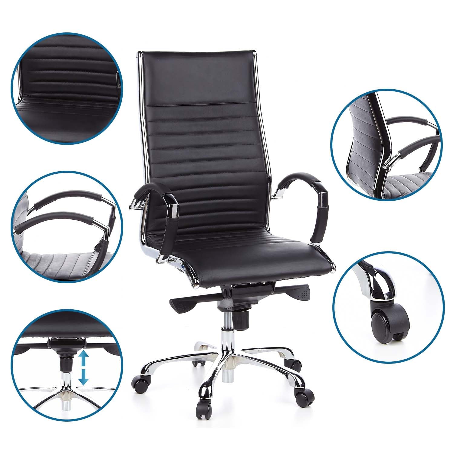 hjh OFFICE 660500 Profi Chefsessel Parma 20 Leder Schwarz Bürostuhl Drehstuhl, hohe Rückenlehne ergonomisch
