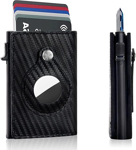 MOTONG Credit Card Holder Metal Wallets, Minimalist Wallet Case with Luxury Box Mens Slim Pop Up Wallet with RFID Blocking for AirTag Holder Leather Case Great for Travel (Carbon Fiber Black)