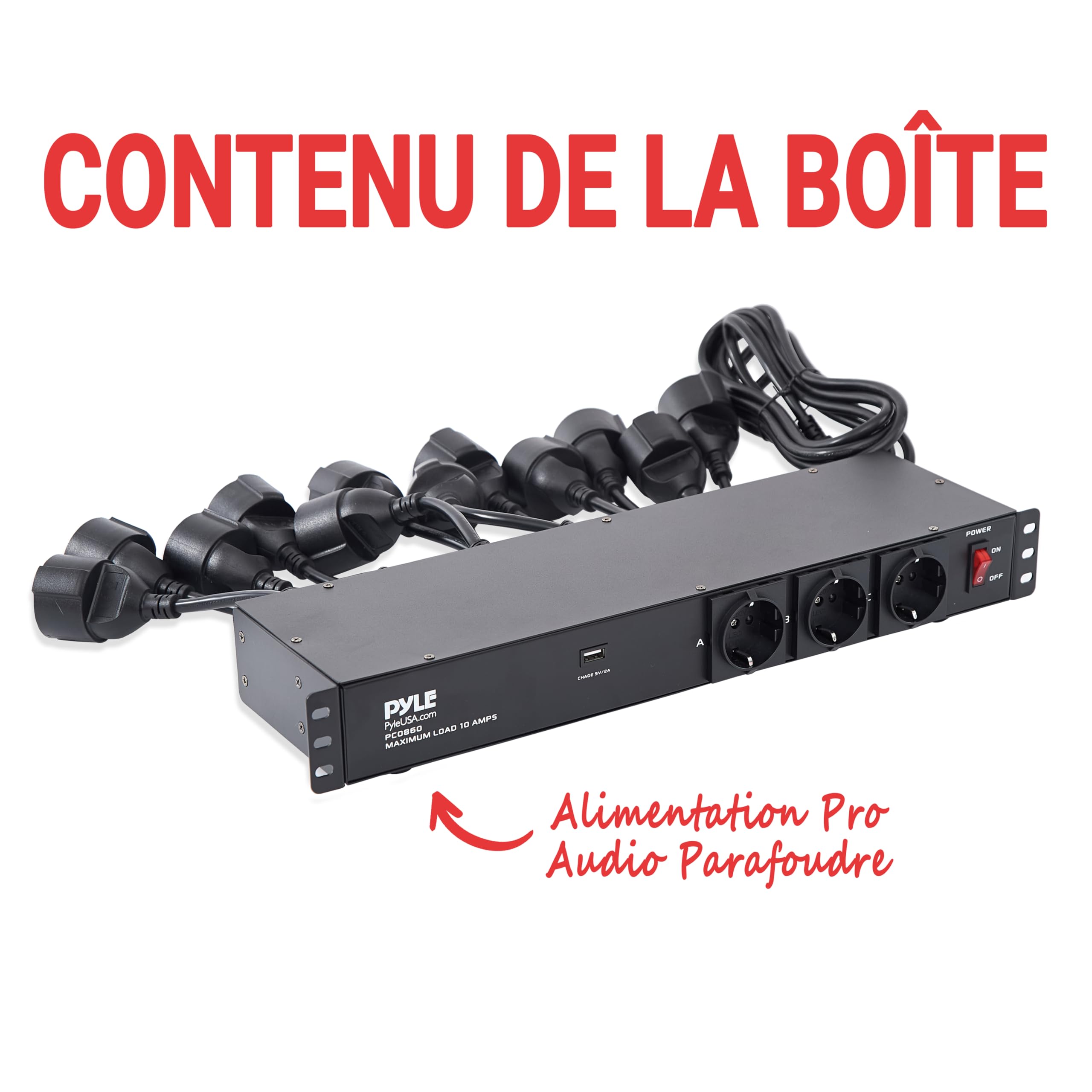 Pyle Multiprise Parafoudre 12 Prises Rack 19” 1U – PDU Électrique avec Ports USB, Disjoncteur 15A, Protection Surtension, Câble 4,5 m – Prise Informatique Haute Puissance – Noir