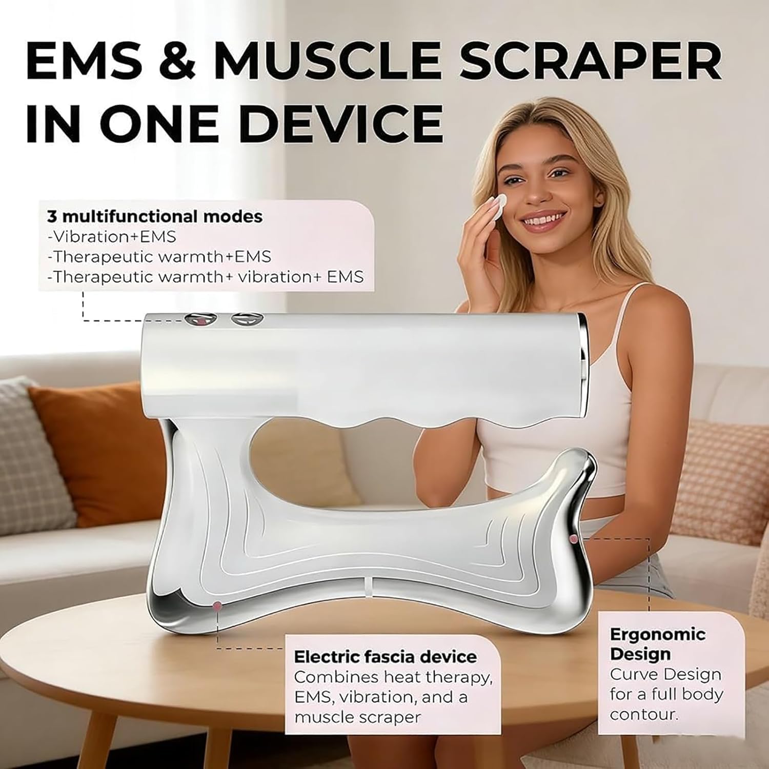 Dispositivo de contorno de cuerpo completo con calor y EMS, raspador muscular calentado for drenaje linfático y masaje de fascia, herramienta eléctrica for esculpir el cuerpo(White)