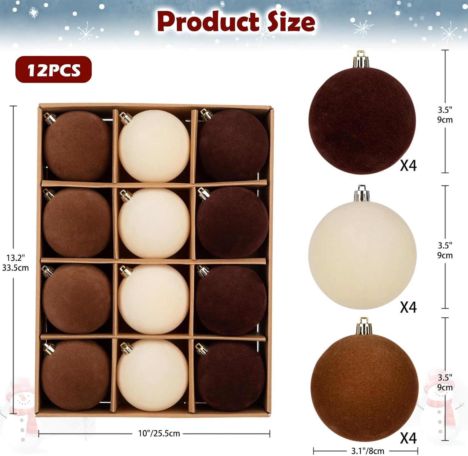 Briful 3.15" Velvet Christmas Ball Ornaments, 12PCS Matte Brown Beige Neutral Christmas Balls & Baubles, Shatterproof Christmas Tree Decorations, Soft Velvet Holiday Decor for Home & Xmas Tree image 3