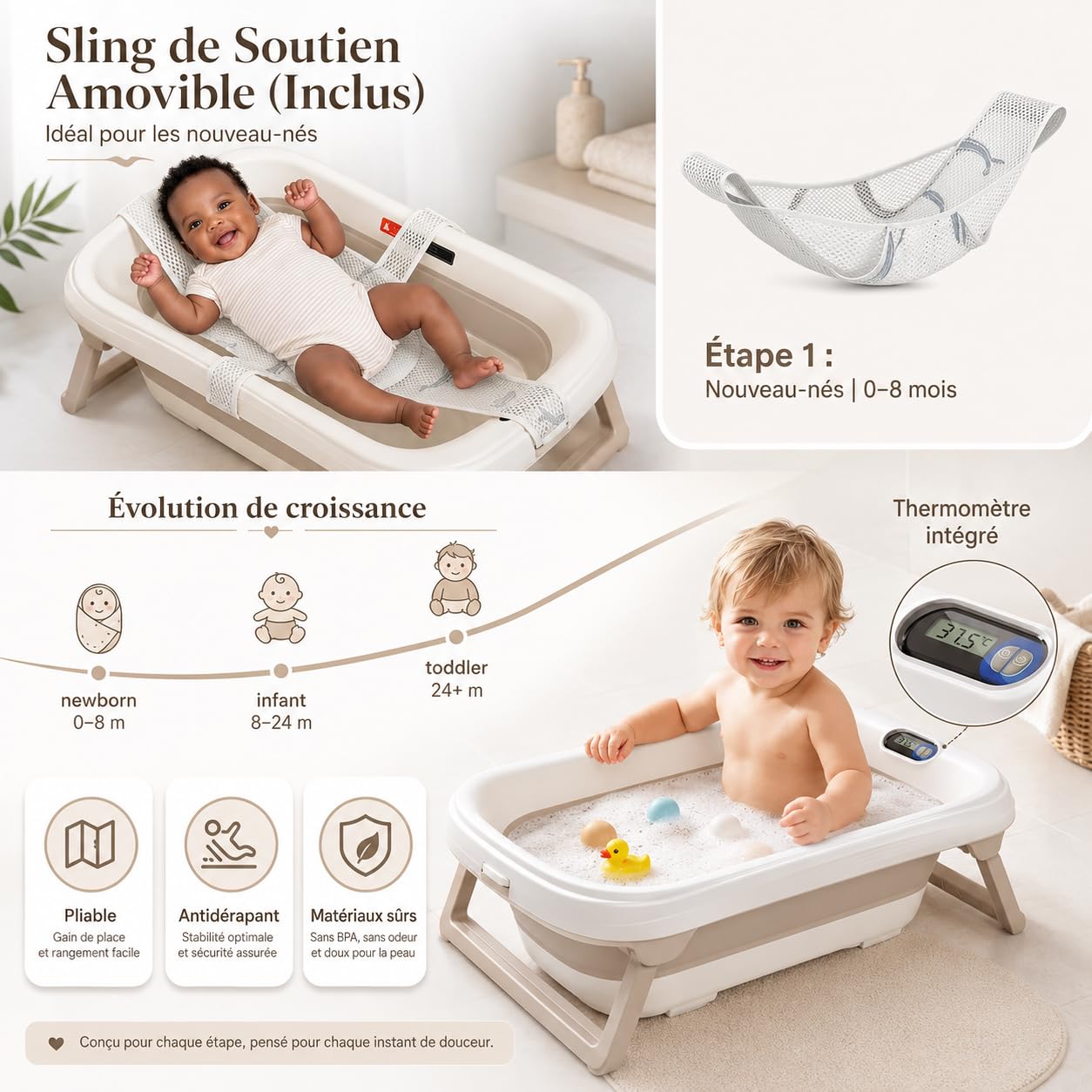 Baignoire Bébé Pliable XXL 86cm avec Thermomètre Intégré, 0-4 Ans, Coussin de Bain Doux amovible, Bonde de vidange, Design Antidérapant et Gain de Place, Crochet de Suspension Rétractable