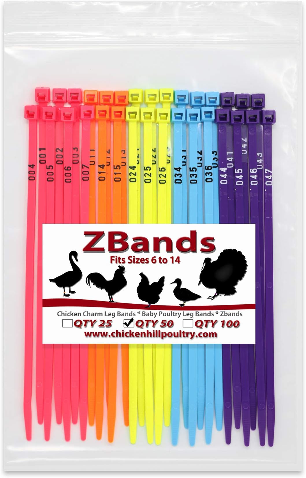 50 ZBand Numbered Poultry Leg Bands Fluorescent ~ Fits Sizes 6 to 14