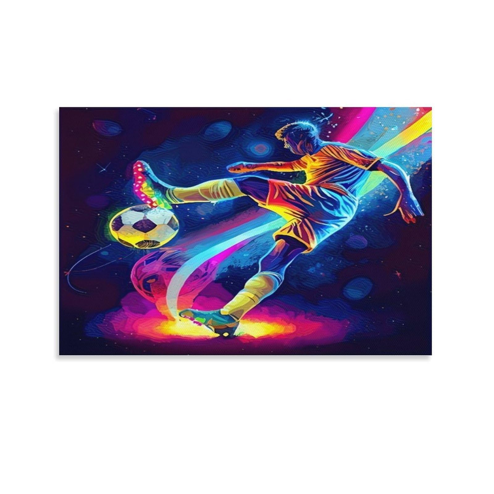 CPLVKWRQJ Soccer Player Action Individual Neon Rainbow Player Strike Soccer Ball Canvas Wall Decor - Nursery Wall Hanging Space Saving Removable Ready to Hang 08x12inch(20x30cm)