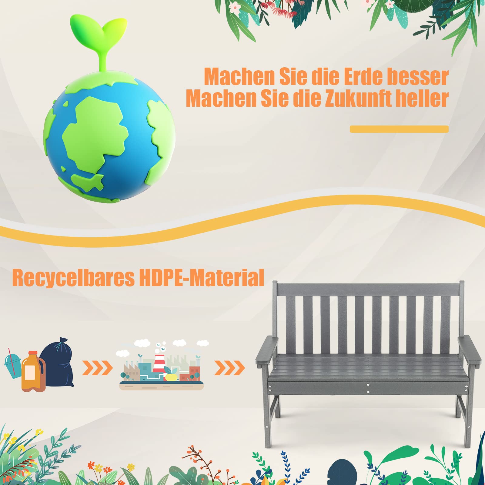 COSTWAY Gartenbank wetterfest, Allwetter-Sitzbank aus HDPE, Parkbank für 2-3 Sitzer, Balkontank bis 320kg belastbar, Terrassenbank für Garten, Balkon und Terrasse, 132 x 65 x 91 cm, Grau