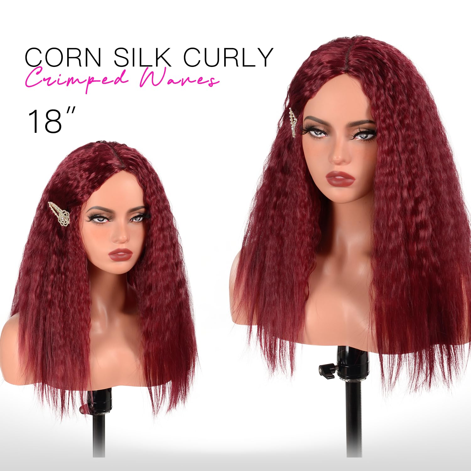 BrittyHair Kinky Straigth Wig Yaki Straight Corn Silk Wig 18 Inch Yaki Crimped Waves Synthetic Yaki Wigs for Women Wear And Go Glueless Wig (Burgundy, 18 Inch)