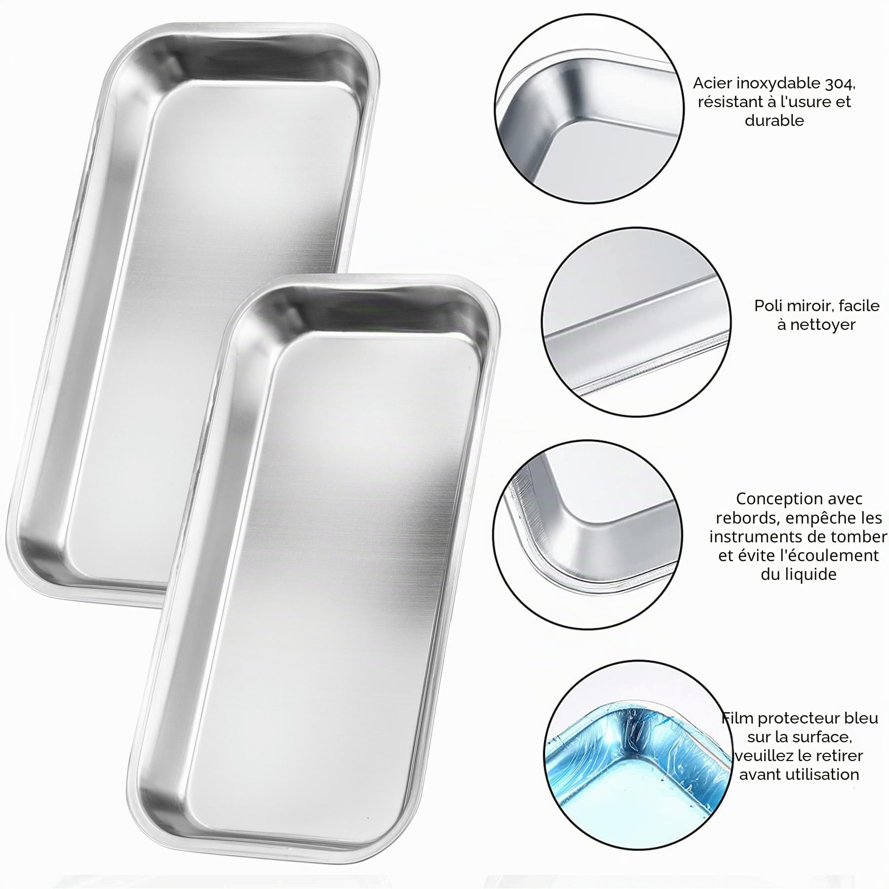Plateau INOX Plateau à Instruments en 2 pièces, Plateaux Rectangulaires, Plateaux en Acier Inoxydable, Plateau de Laboratoire pour Assiettes de Service de Laboratoire - 22,5 x 11,5 x 1,7 cm