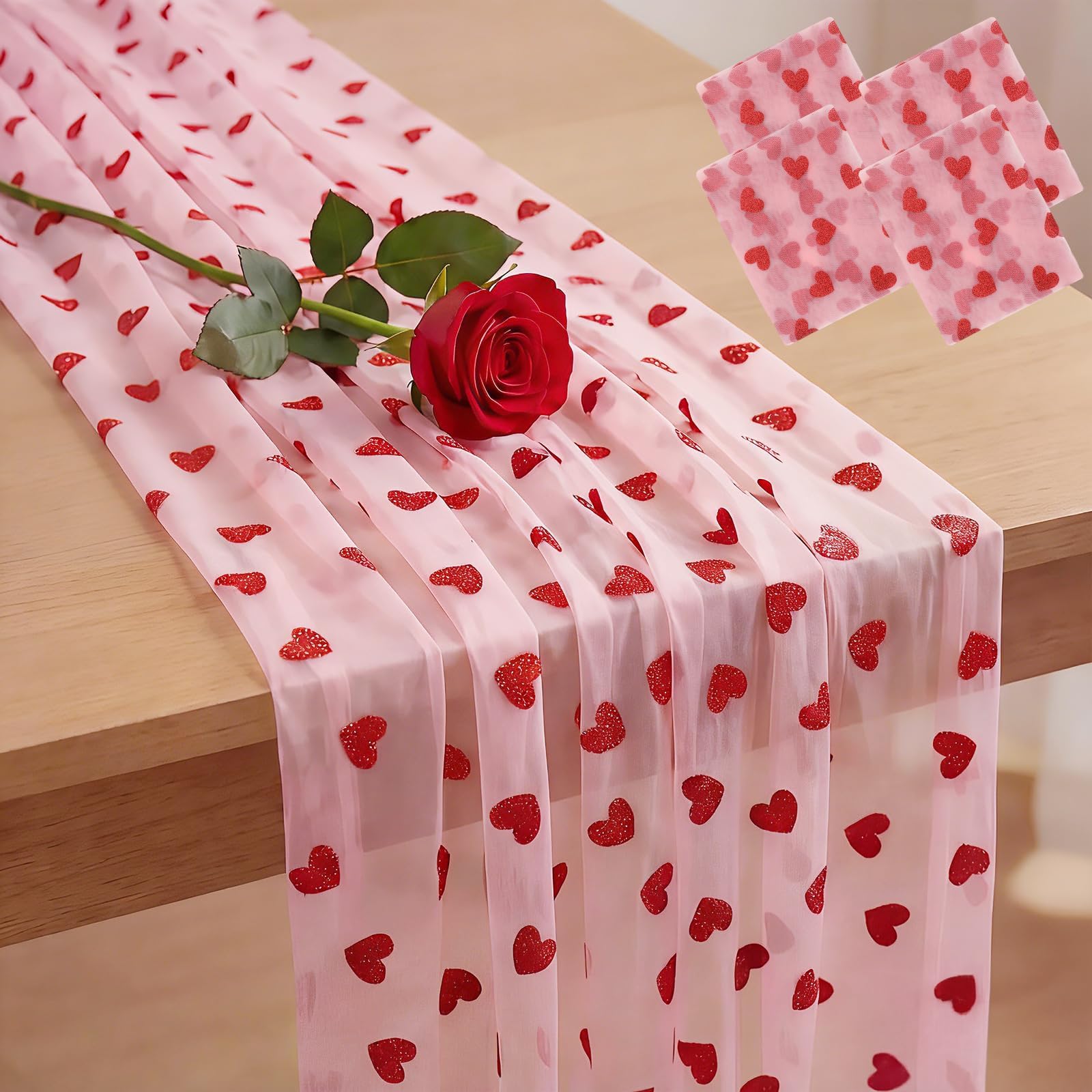 4 Pcs Valentines Day Table Runner 29 x 70 Inch Glitter Heart Tulle Table Runner Pink Sheer Lace Decor for Valentines Anniversary Wedding Proposal Party Home Candlelight Dinner Decor