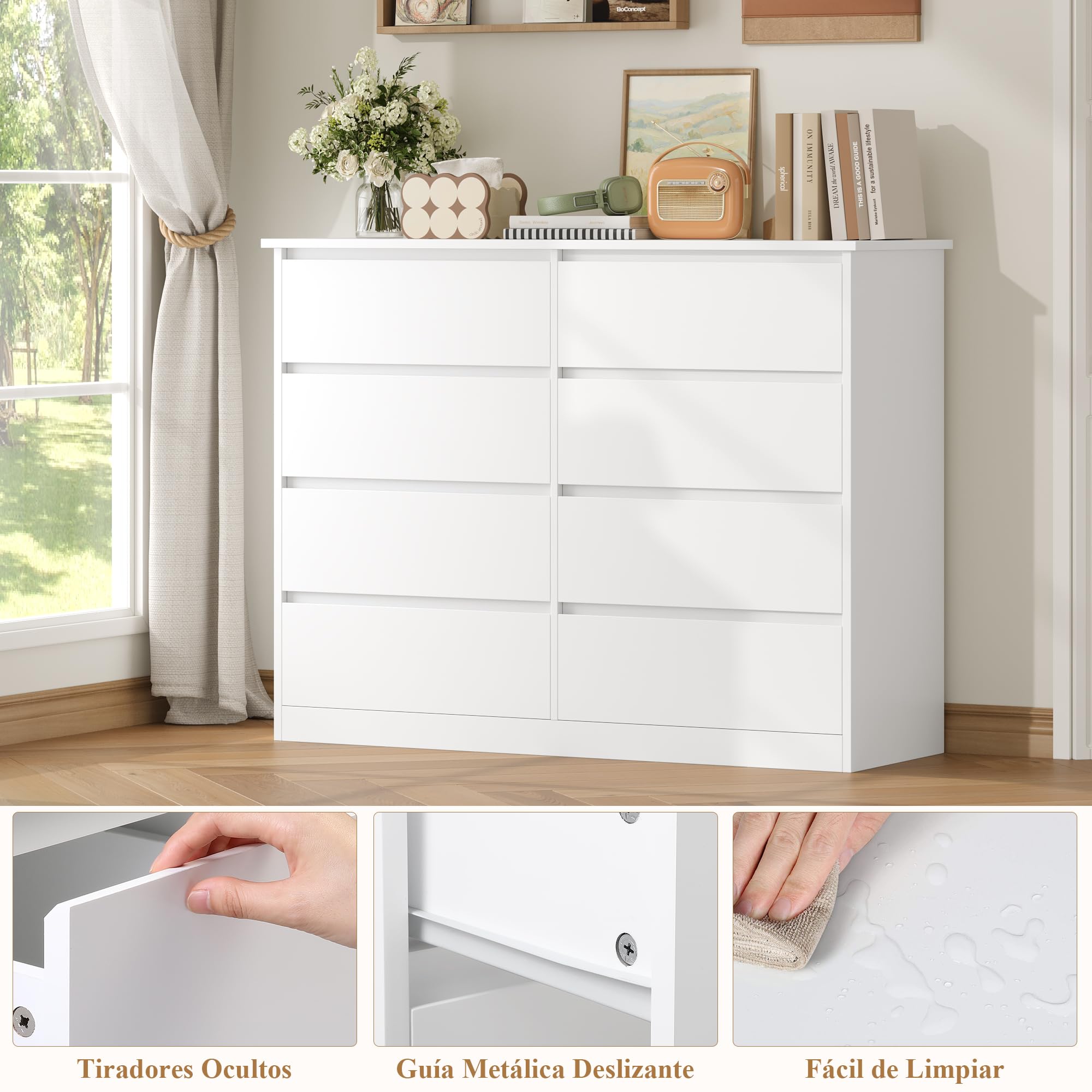 FOREHILL Comoda Dormitorio 8 Cajones 120 cm Cajonera Armario Interior Sinfonier Cómodas y Cajoneras Dormitorio Armario de Almacenamiento para el Salón Cómoda Moderna Blanco 120x39,5x96 cm