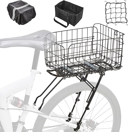 Rear Bike Rack with Basket- Bicycle Cargo Rack with Waterproof Cover, Liner and Cargo Net, Bike Storage Basket for 26" - 29" and 700c Bikes