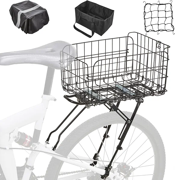 Fitense Rear Bike Rack with Basket- Bicycle Cargo Rack with Waterproof Cover, Liner and Cargo Net, Bike Storage Basket for 26" - 29" and 700c Bikes