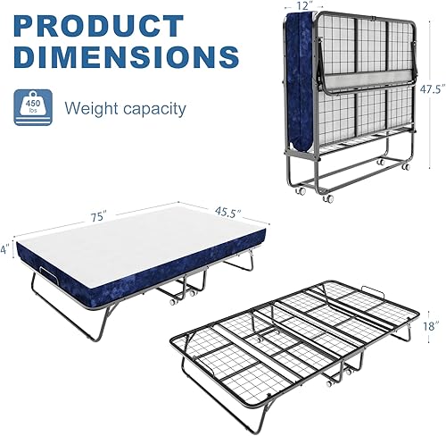 Miniatura 3 de Cama plegable con colchón para adultos, base de cama plegable portátil para invitados con colchón de espuma viscoelástica, cama plegable que ahorra