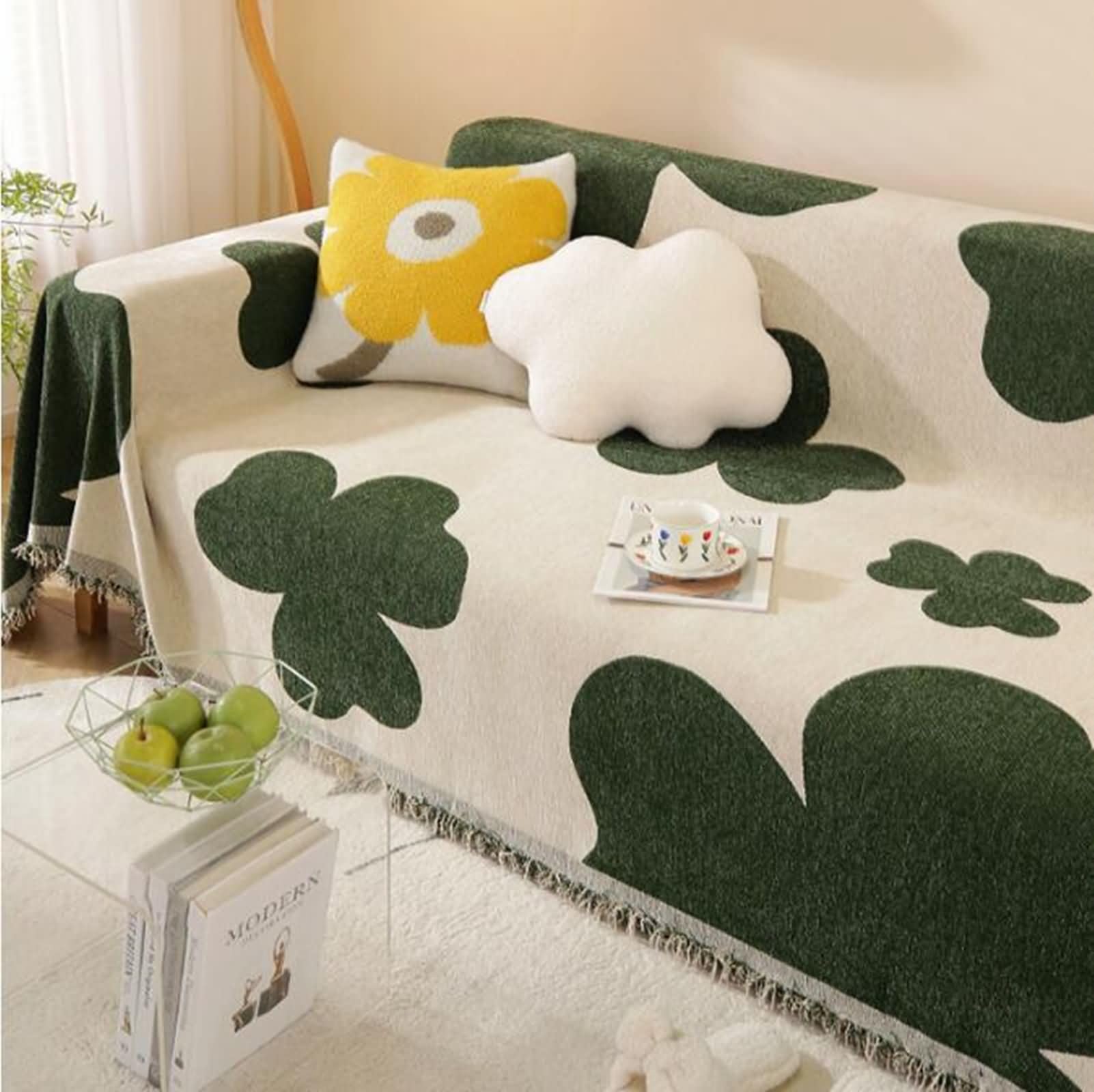 Copri Divani Moderni Tre Posti,Coperta per Divano Angolare Verde Fodera Copridivano 180x300CM Copripoltrona in Ciniglia Motivo Floreale con Nappe