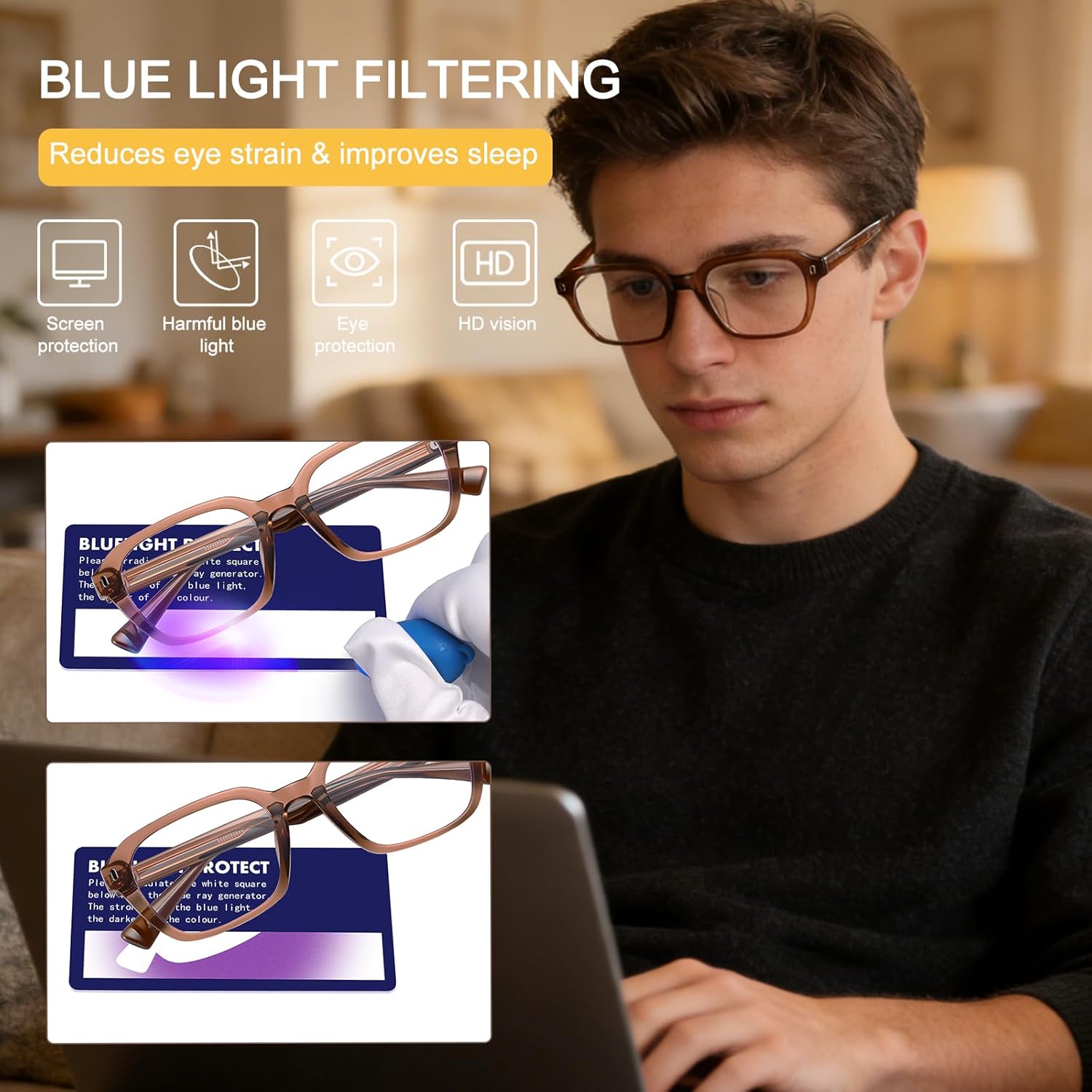 Dollger Blue Light Glasses Men Rectangle Vintage Brown Frame Anti BlueLight Blocking Glare Trendy Computer Gaming UV - Image 3