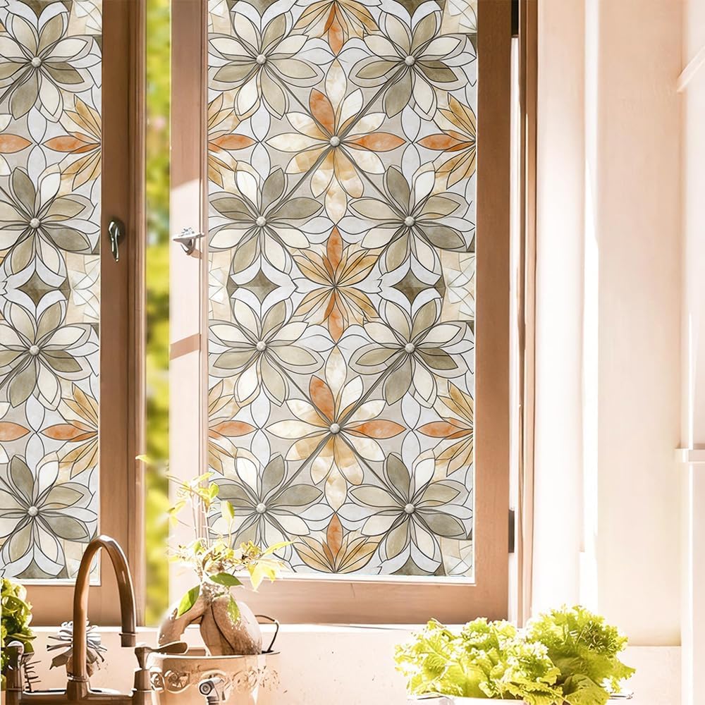 16“x118 Boho Neutral Flower Double Side Window Films Art Decorative Window Privacy Tinting Film Self-Adhesive Static Glass Window Clings Stickers for Living Room Bathroom Glass Windows Decor