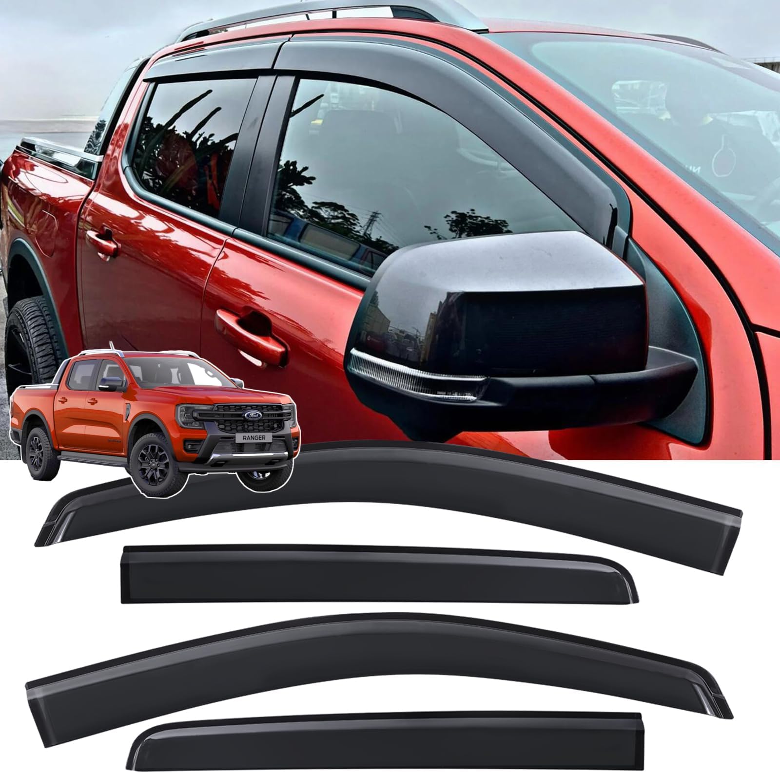 Wind Deflectors for Ford Ranger Accessories 2023 2024 2026 New Wildtrak Raptor Platinum Tremor XL XLT Stormtrak MSRT T9 Double CAB Window External Rain Guard Stick-on Fitment