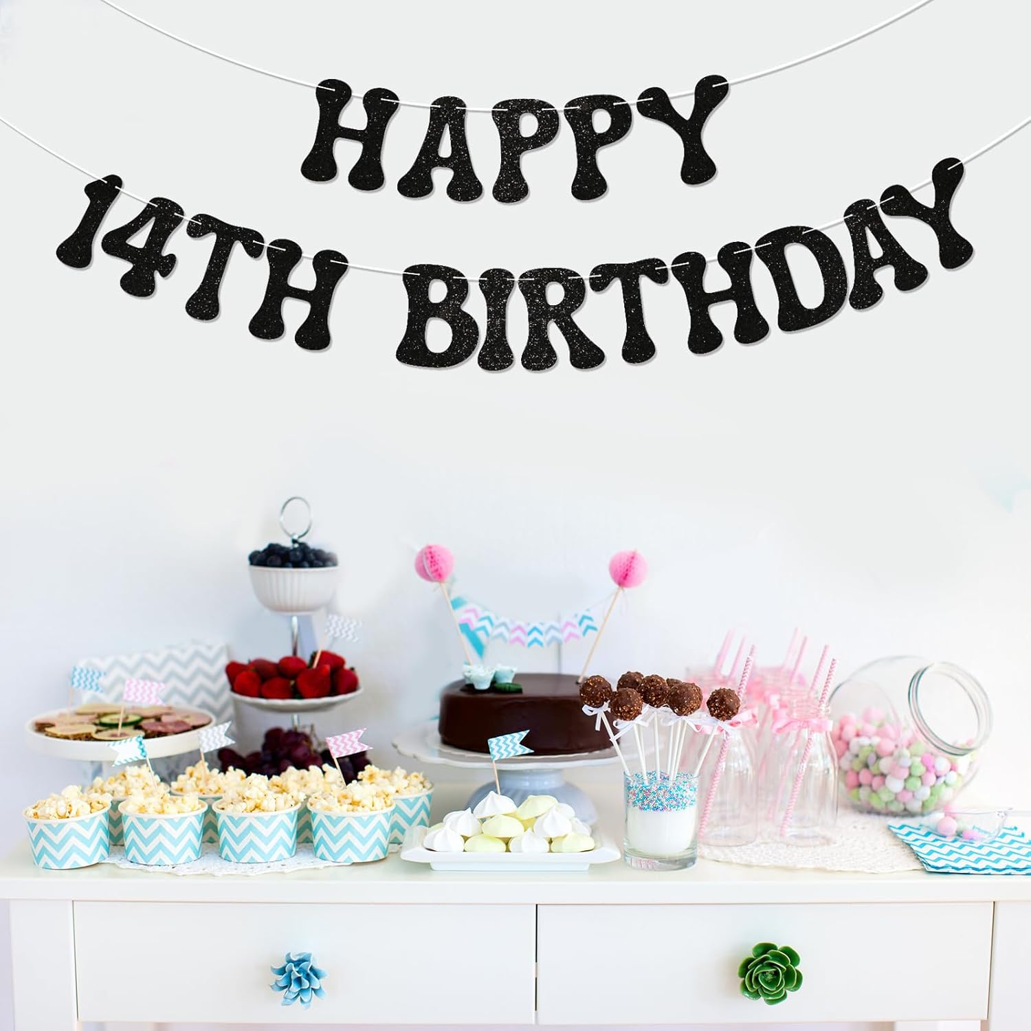 Happy 14th Birthday Banner - Bruh Bday Decor, Bruh It's My 14th Birthday Sign, Cheers to 14 Years, Teen Boys Teen Girls 14th Birthday Party Decorations Black Glitter