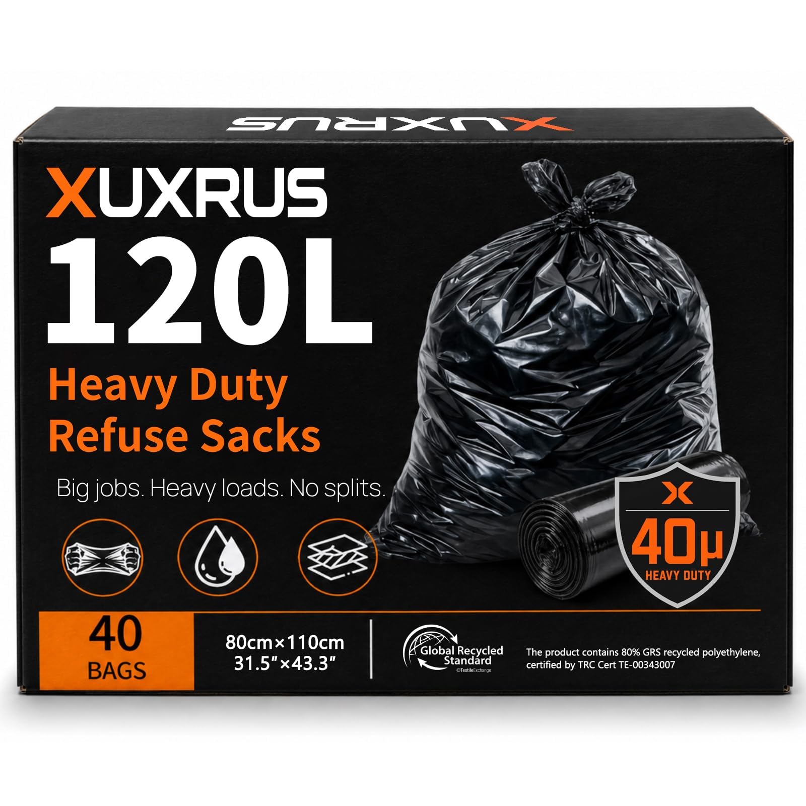 XUXRUS Bolsas de basura negras de 120 L, bolsas de basura grandes y fuertes
