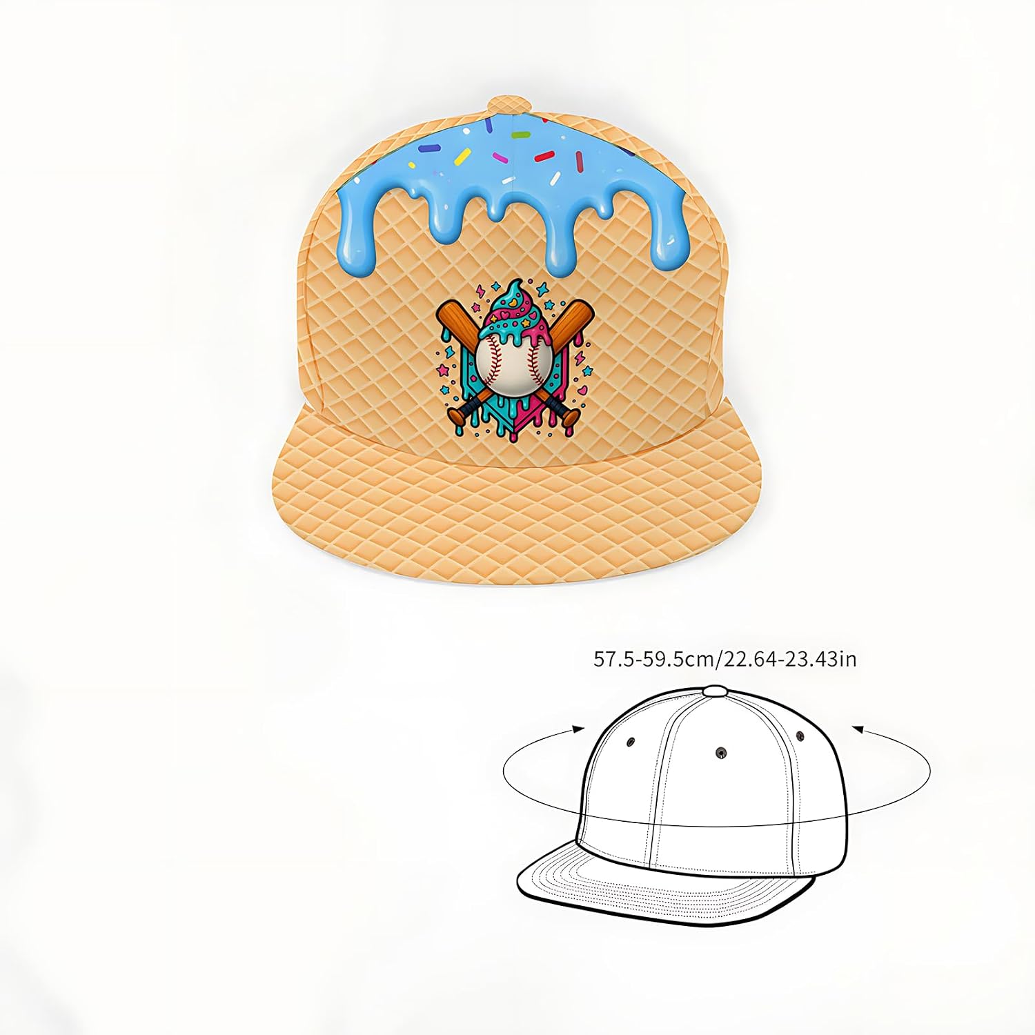 Baseball Ice Cream Drip Youth Cap, Waffle Pattern Hat for Kids Teens, Cute Sports Gift
