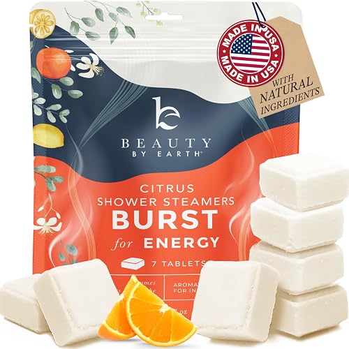 Aromatherapy shower steamers in a row on a bathroom shelf