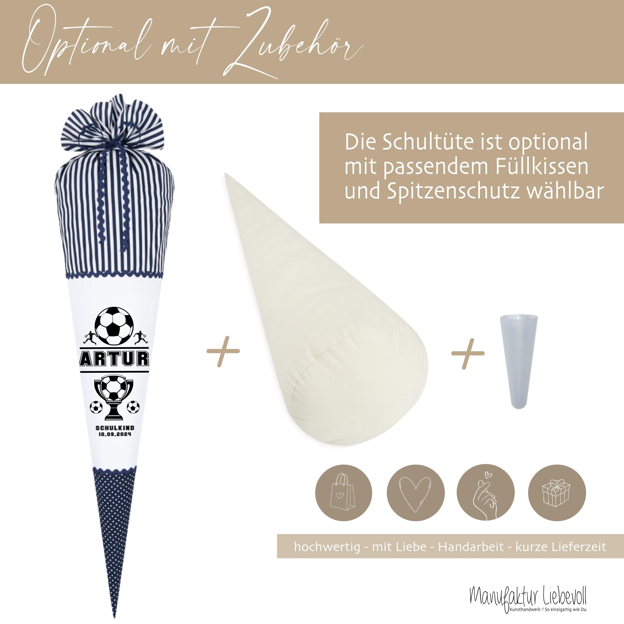 Manufaktur Liebevoll Schultüte Junge Einschulungstüte Mädchen Name personalisiert Stoff Schultüte Kinder Zuckertüte Schulkind 2026 I (Fußball)