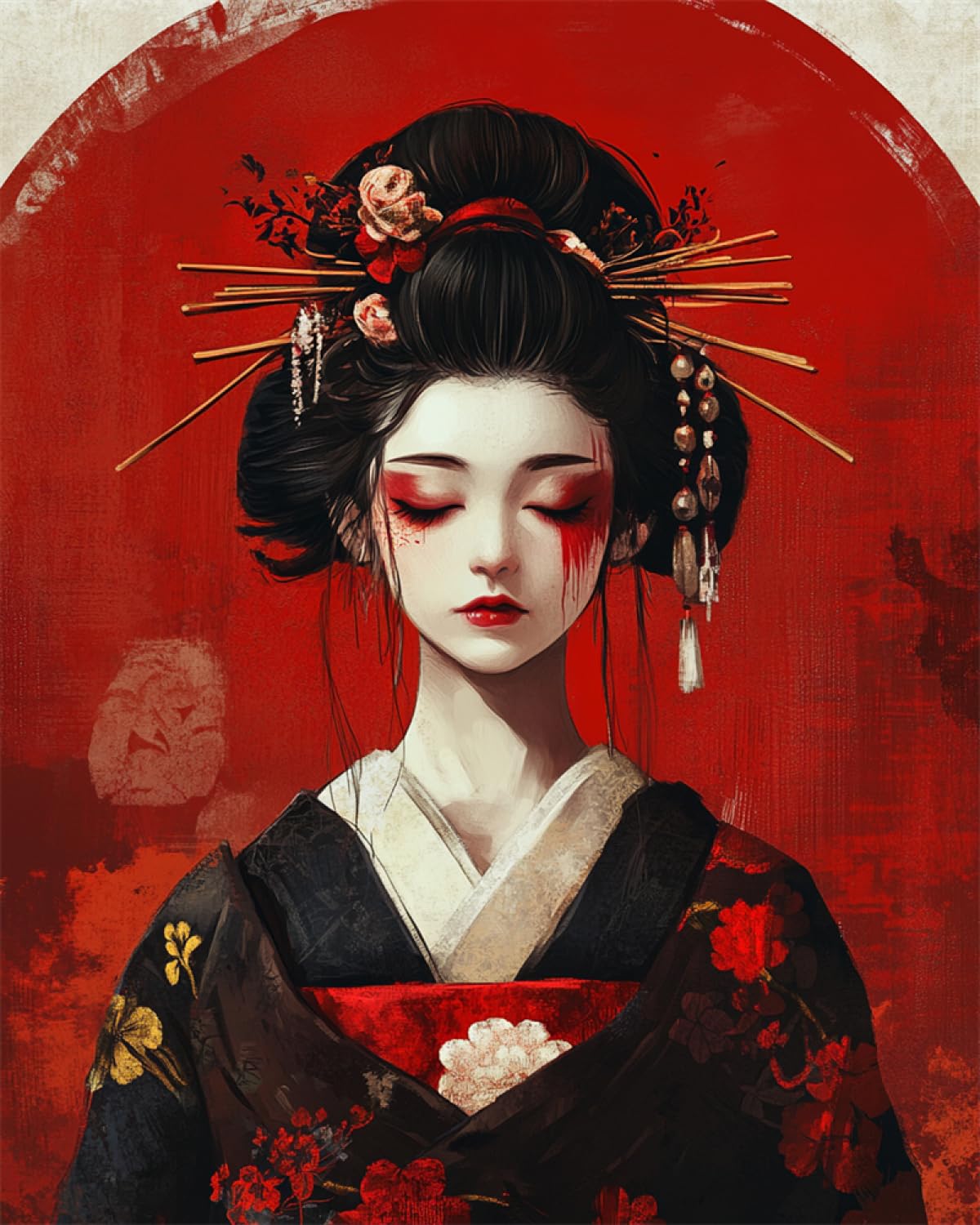 AYAOYANGGO 11CT Printed Cross Stitch Kit Anime Japanese Geisha Counted Painting Printed DIY Needlework Set Tamped Wall Art Home Decoration 30x40cm
