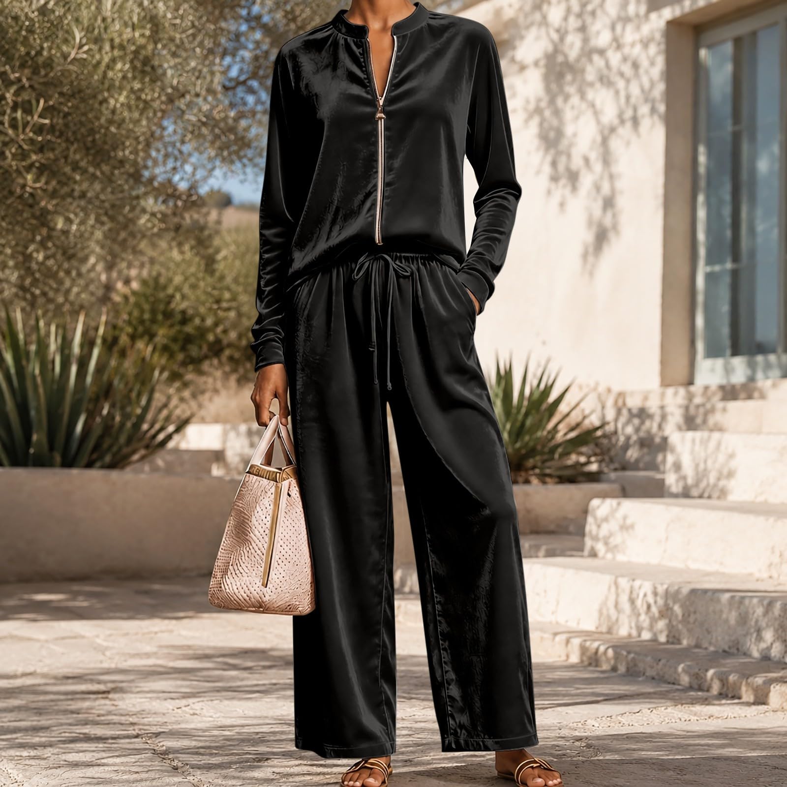Tuta Donna Elegante 2 Pezzi Completi Sportiva Manica Lunga Scollo a V Tuta Da Ginnastica Completo Palestra Casual Set Top E Pantaloni a Gamba Larga Tute Per Jogging Yoga Fitness Da Casa Autunno