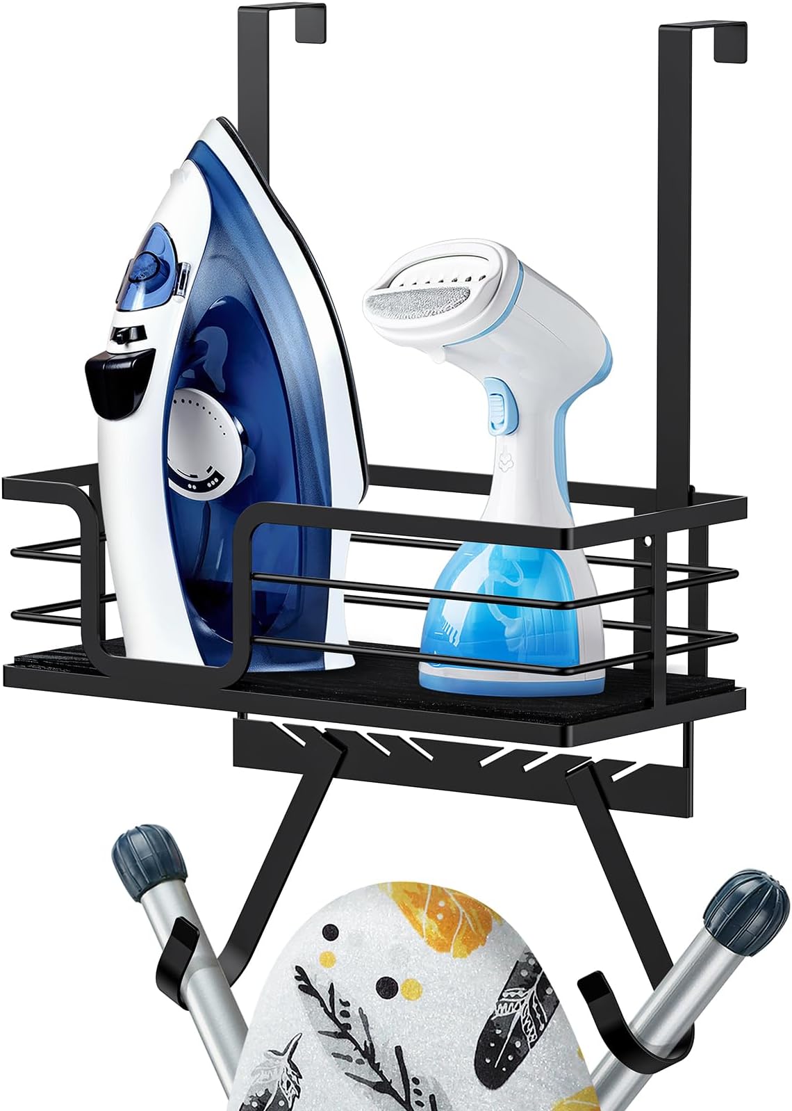 TJ.MOREE Wall Mount/Over the Door Ironing Board Holder with Large Storage Basket &Strong Hooks, Laundry Room Iron and Ironing Board Holder Storage Holder