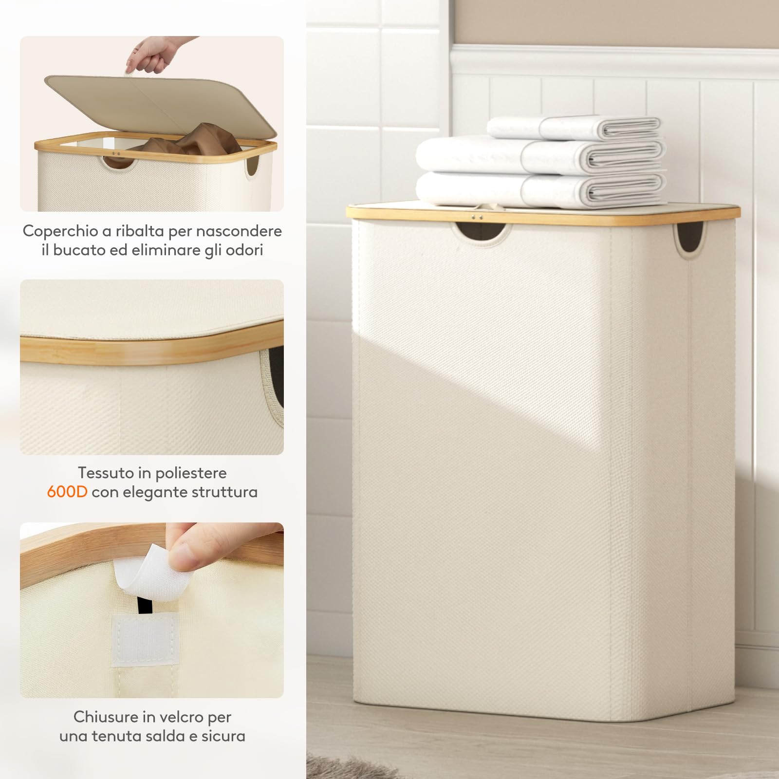 Lifewit 170L Cesto Portabiancheria con 3 Scomparti e 3 Sacchi, Grande Cesta Portabiancheria Pieghevole in Bambùcon Coperchio per Camera da Letto, Bagno, Lavanderia, Beige
