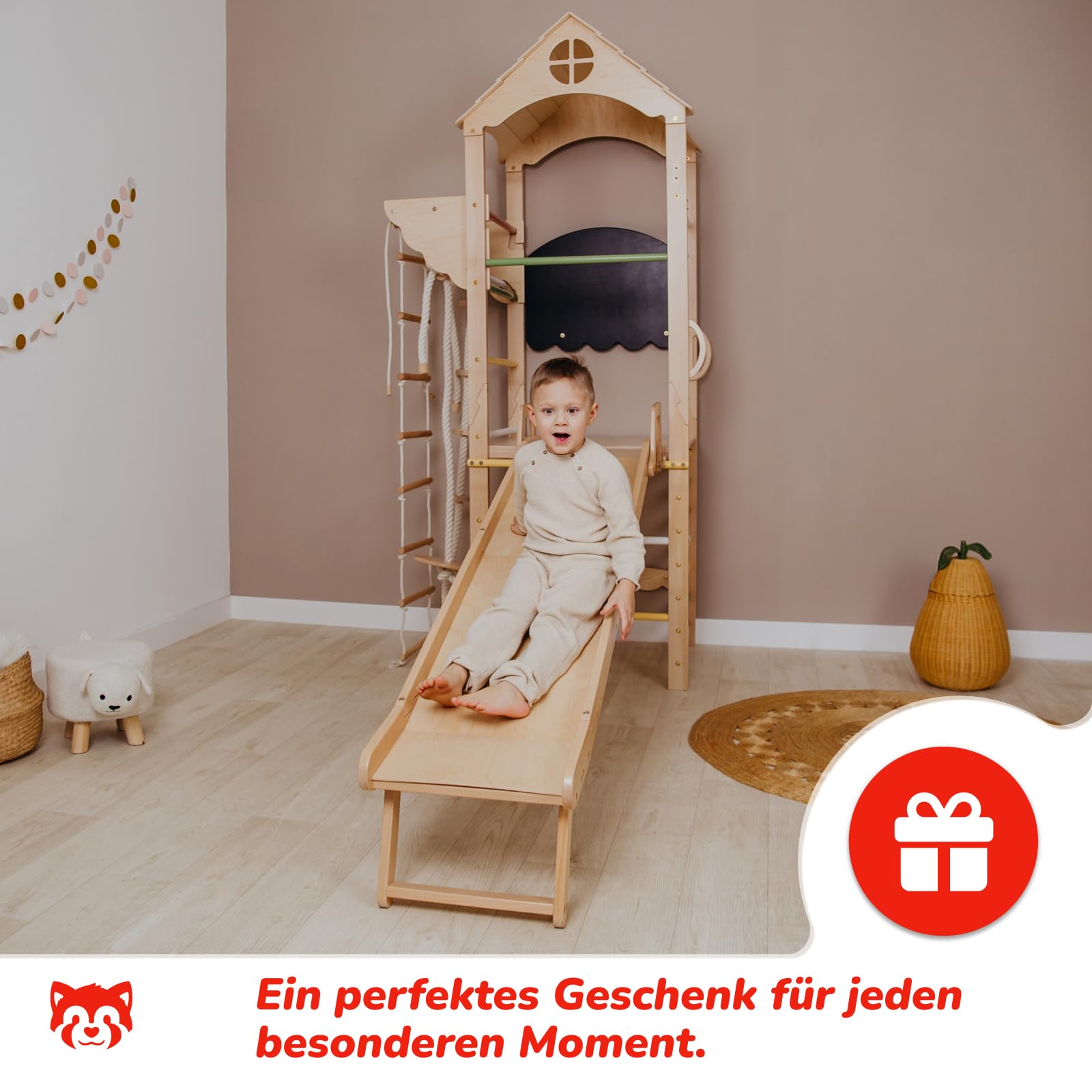 Wood And Hearts Indoor Klettergerüst aus Holz – Kinder Jungle Gym für Zuhause 3–8 Jahre, Mini Kletterturm, Kinderturngerät