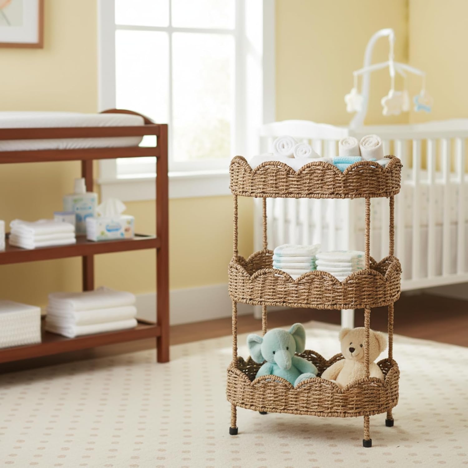 3 Tier Floor Stand Scalloped Basket Stand 3 Tier Oval Seagrass Scalloped Storage Basket Floor Rack with Market Baskets Hand Woven Laundry Rack for Bathroom Kitchen Laundry Living Room Storage